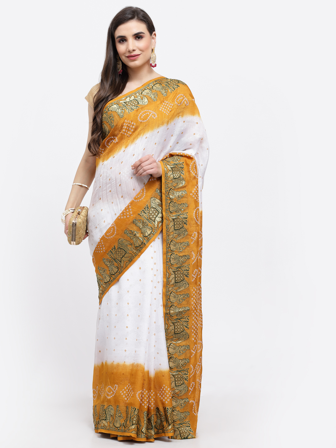 Women Bandhani With Zari Weaving Silk Saree And Blouse White & Mustard with Unstitched