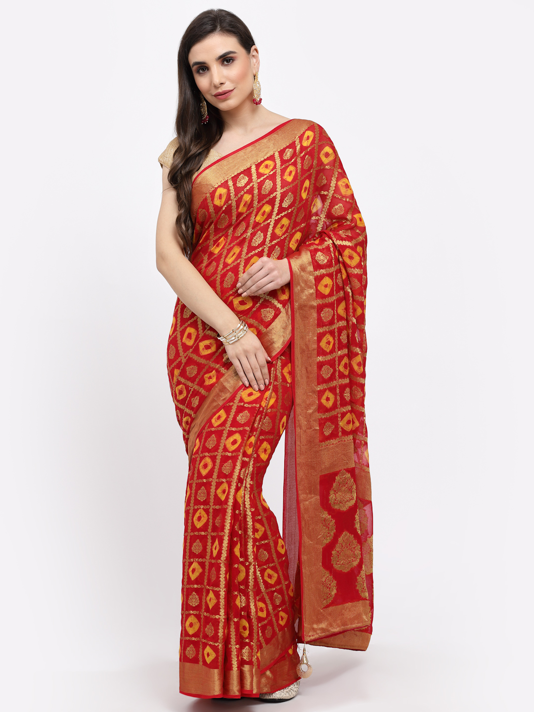 Women Bandhani With Zari Weaving Silk Saree And Blouse Red with Unstitched