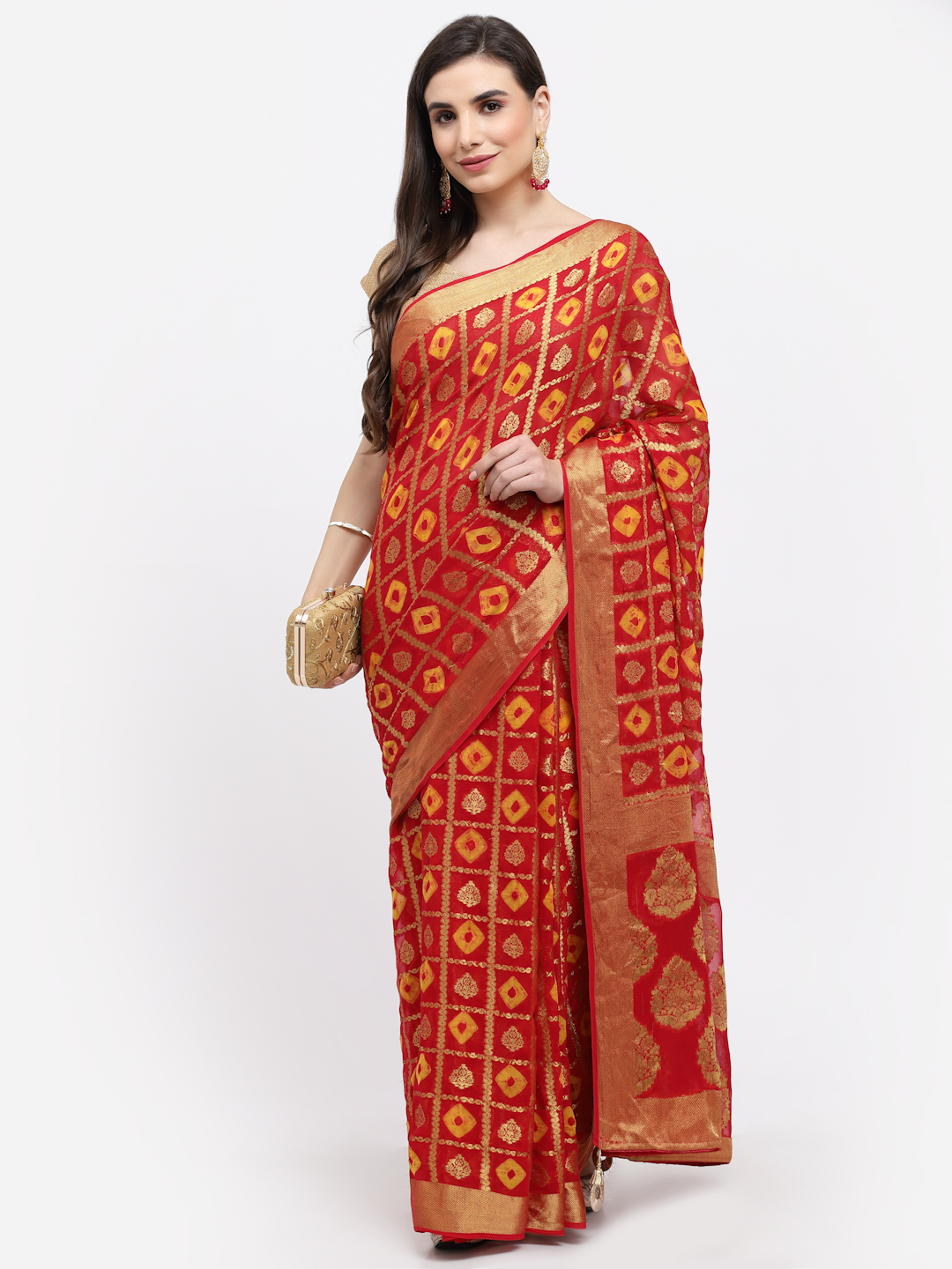 Women Bandhani With Zari Weaving Silk Saree And Blouse Red with Unstitched