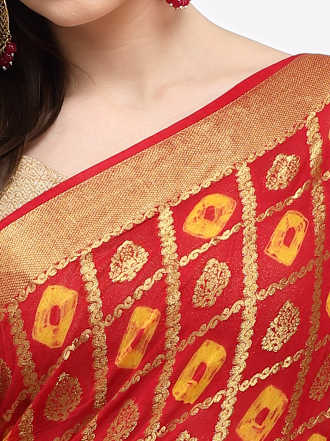 Women Bandhani With Zari Weaving Silk Saree And Blouse Red with Unstitched