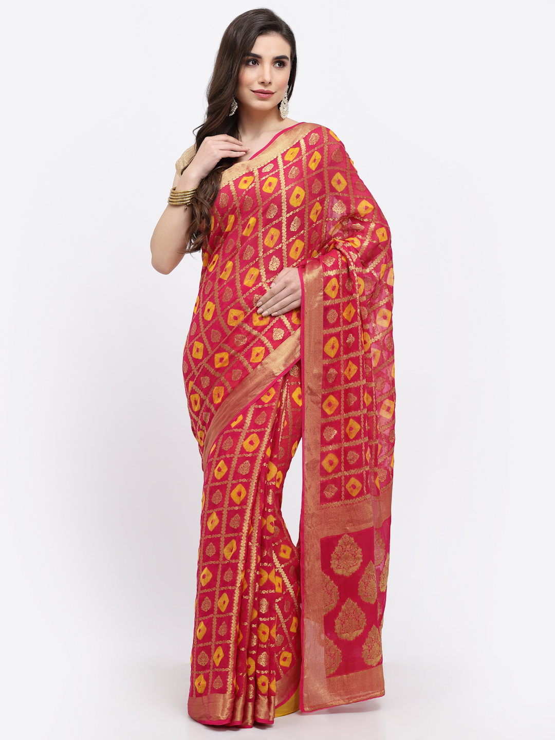 Women Bandhani With Zari Weaving Silk Saree And Blouse Pink with Unstitched