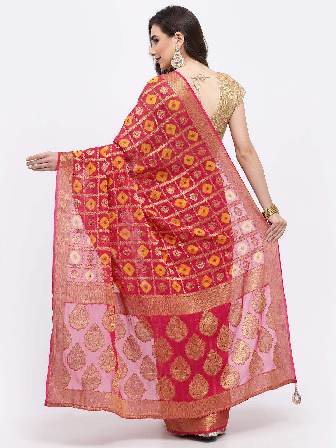 Women Bandhani With Zari Weaving Silk Saree And Blouse Pink with Unstitched