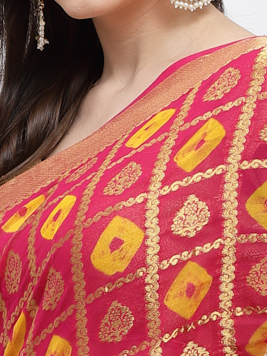 Women Bandhani With Zari Weaving Silk Saree And Blouse Pink with Unstitched