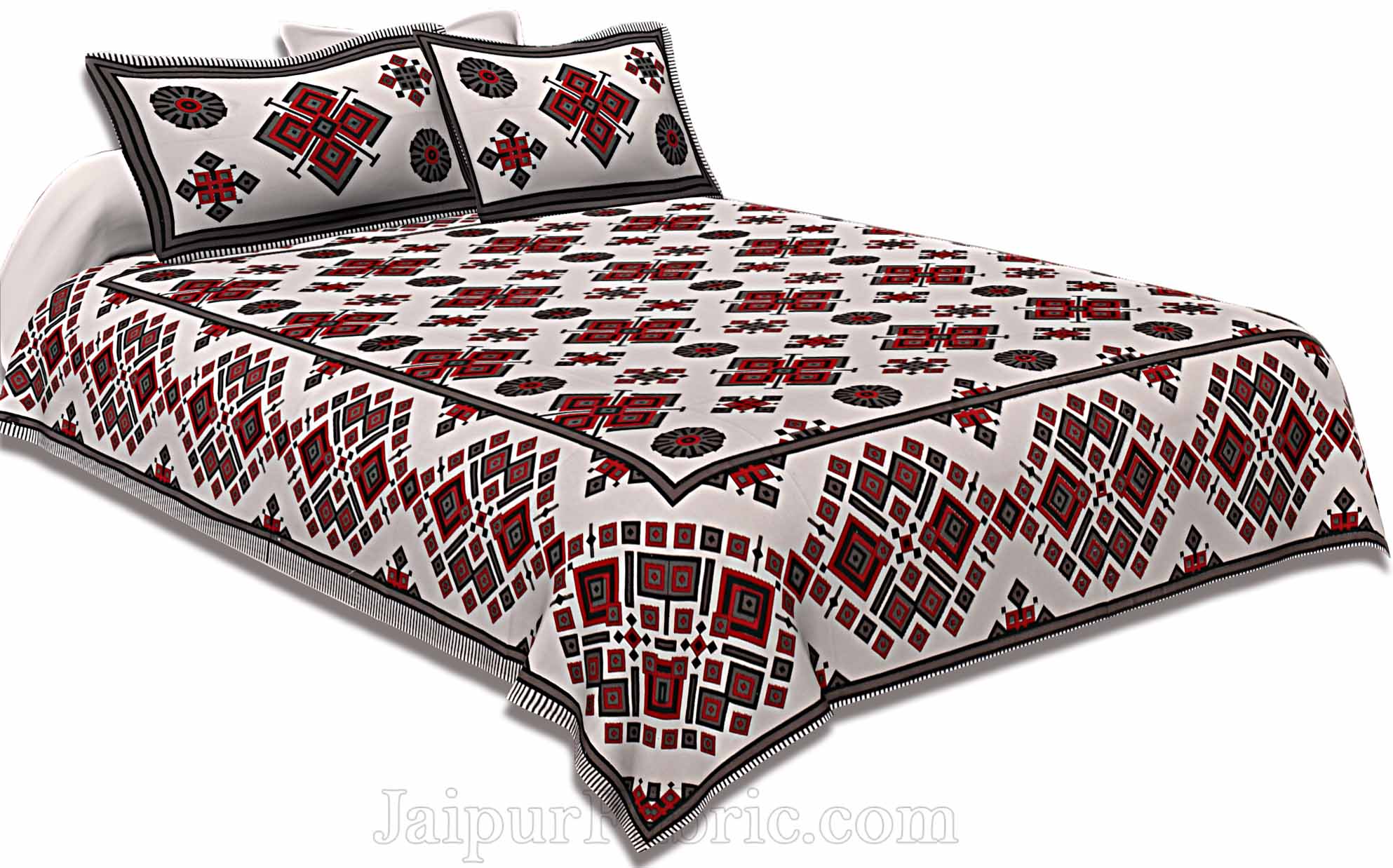 Double Bedsheet  Light Red And Grey  Border  Fine Cotton  Rangoli  Print