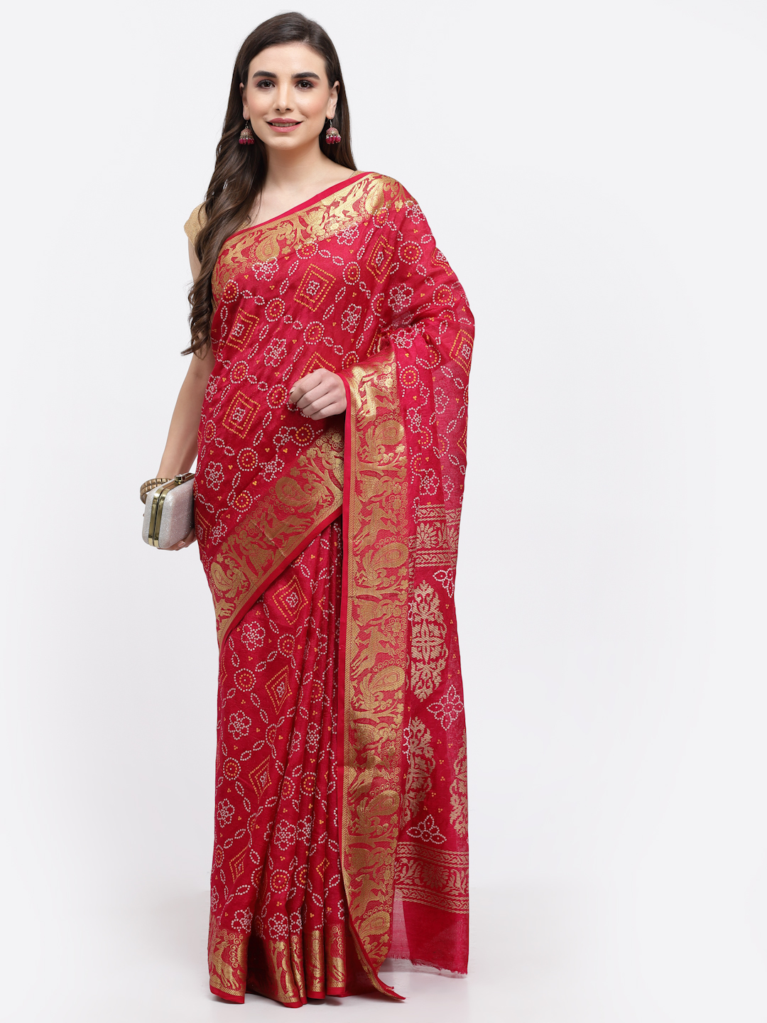 Women Bandhani Print With Zari Weaving Silk Saree And Blouse Pink with Unstitched