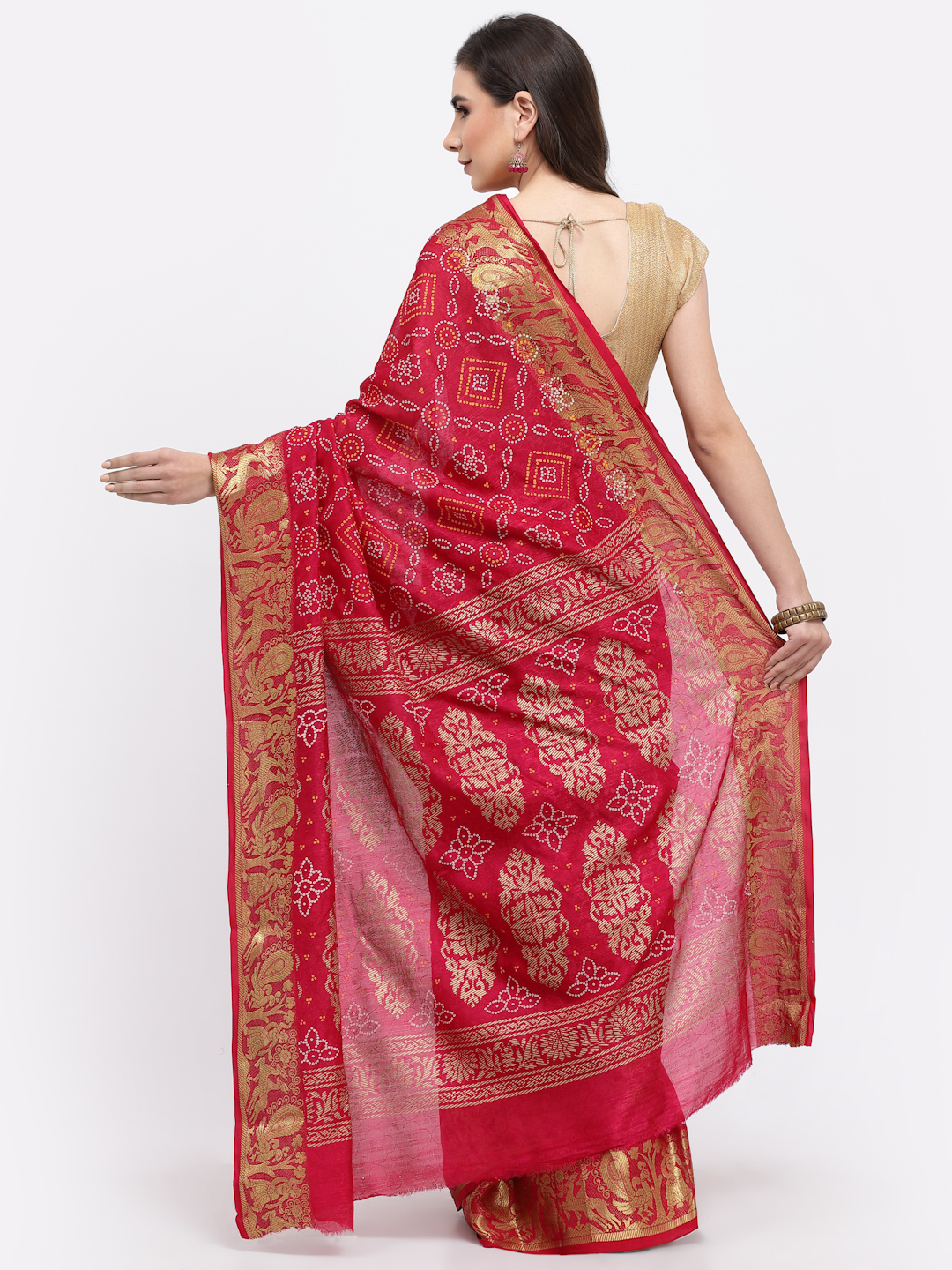 Women Bandhani Print With Zari Weaving Silk Saree And Blouse Pink with Unstitched