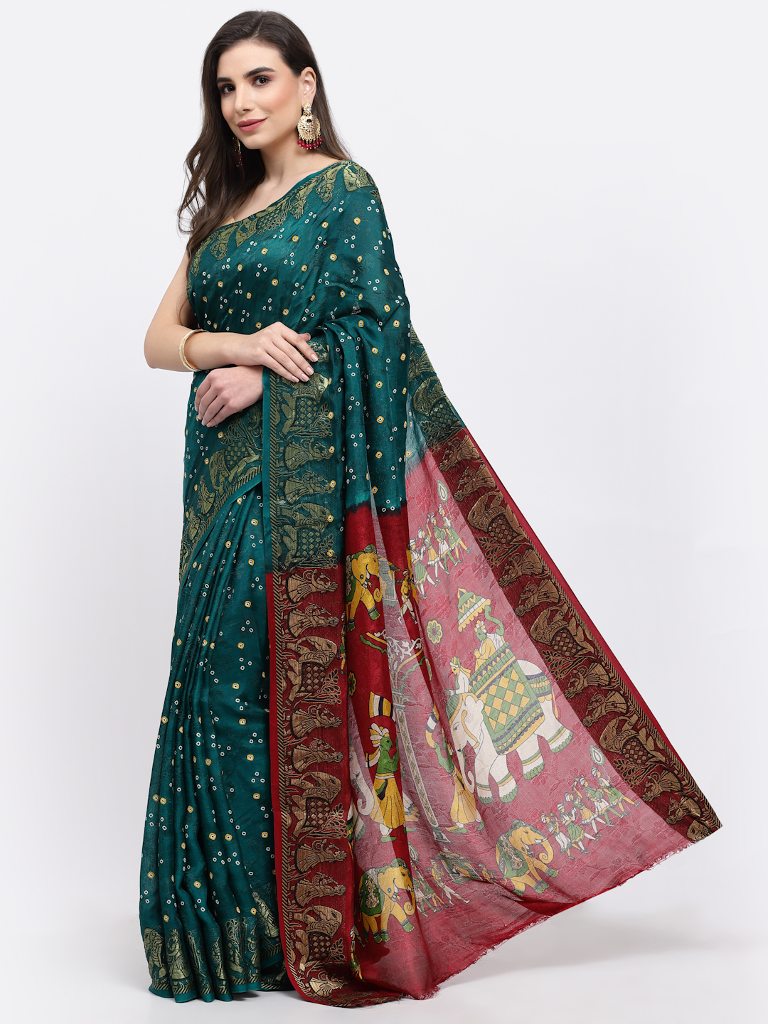 Green Women Bandhani With Zari Weaving Silk Saree And Unstitched Blouse