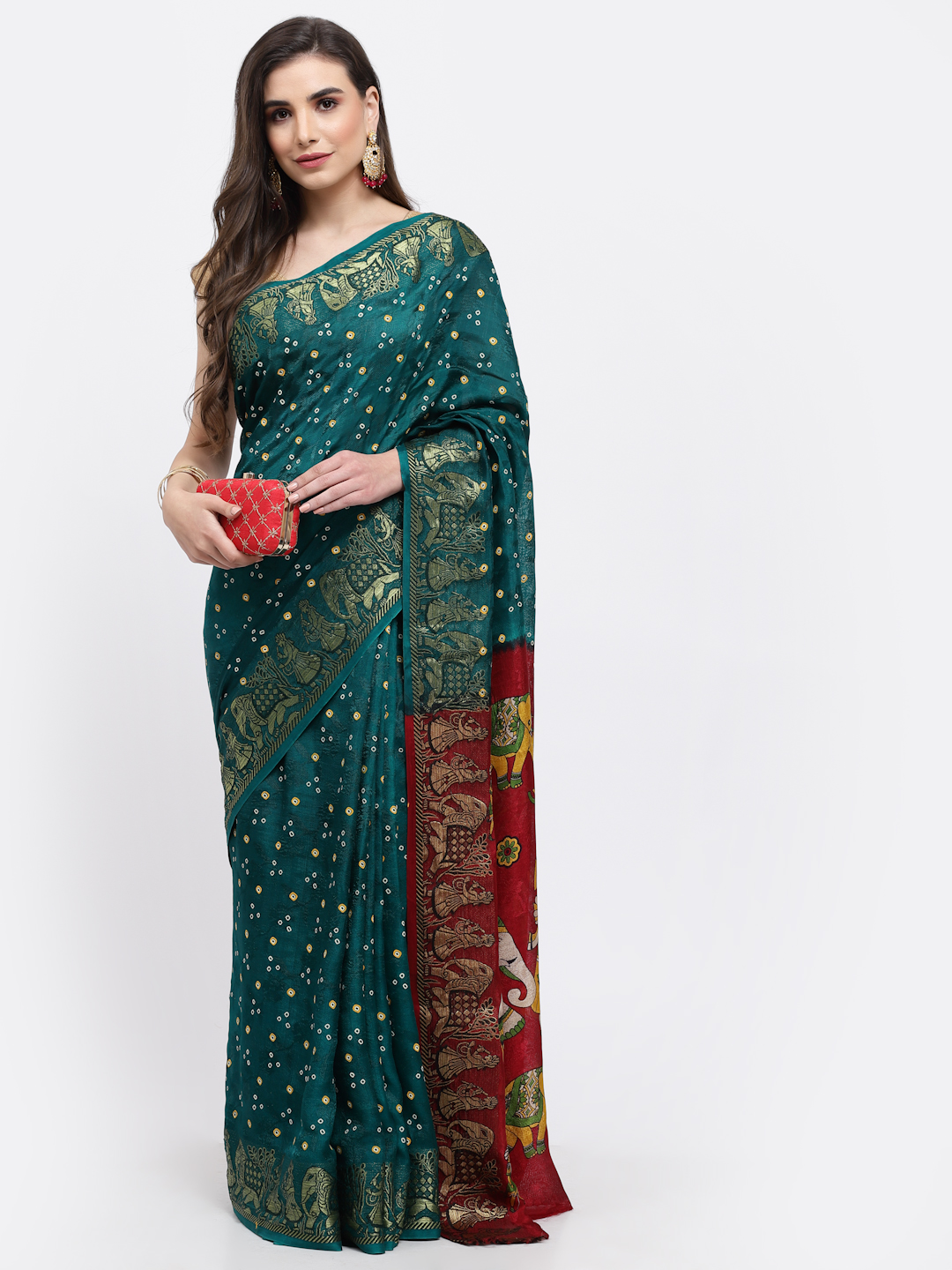 Green Women Bandhani With Zari Weaving Silk Saree And Unstitched Blouse