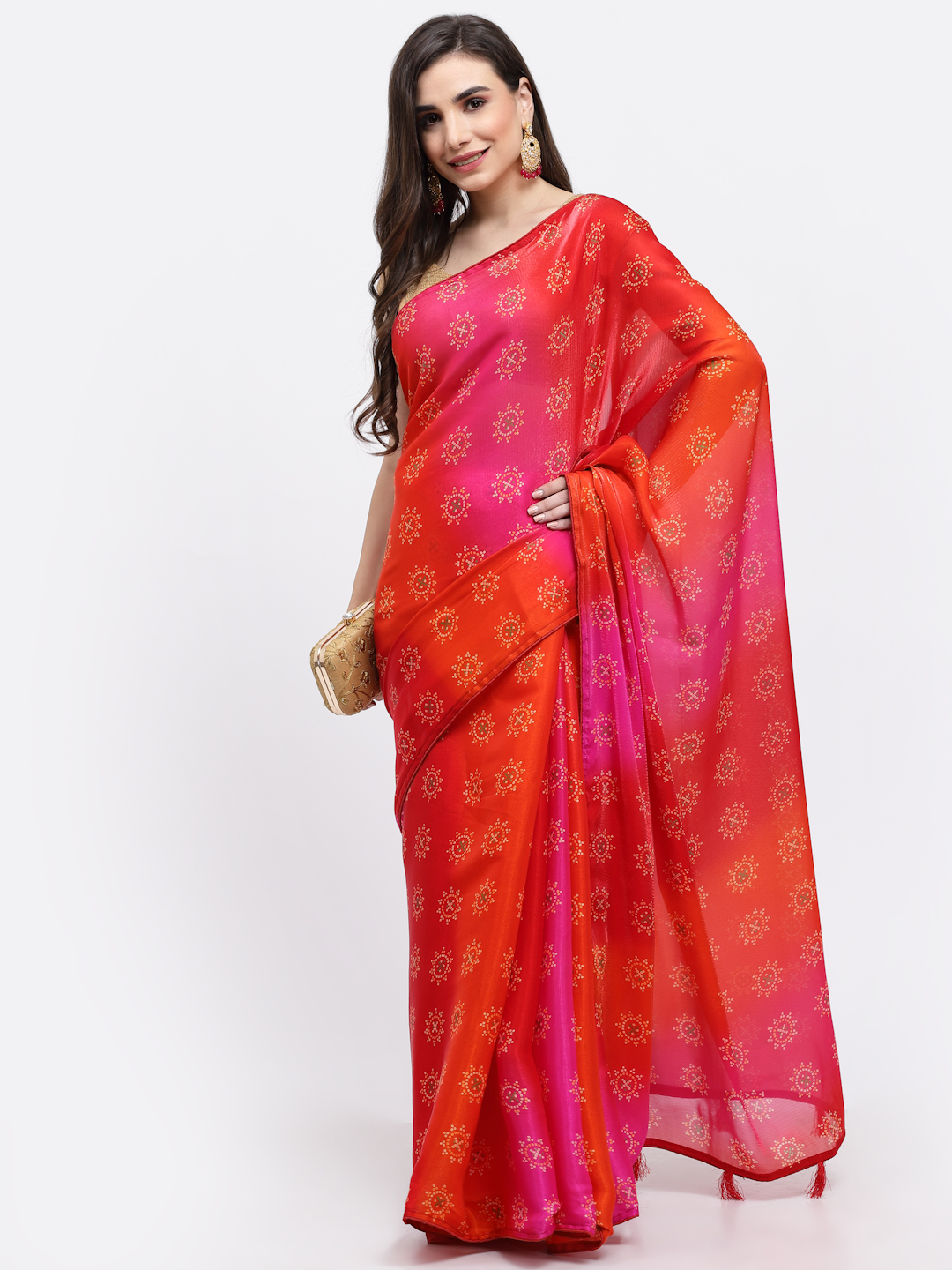 Women Geometric Print Silk Saree And Blouse Pink And Orange with Unstitched