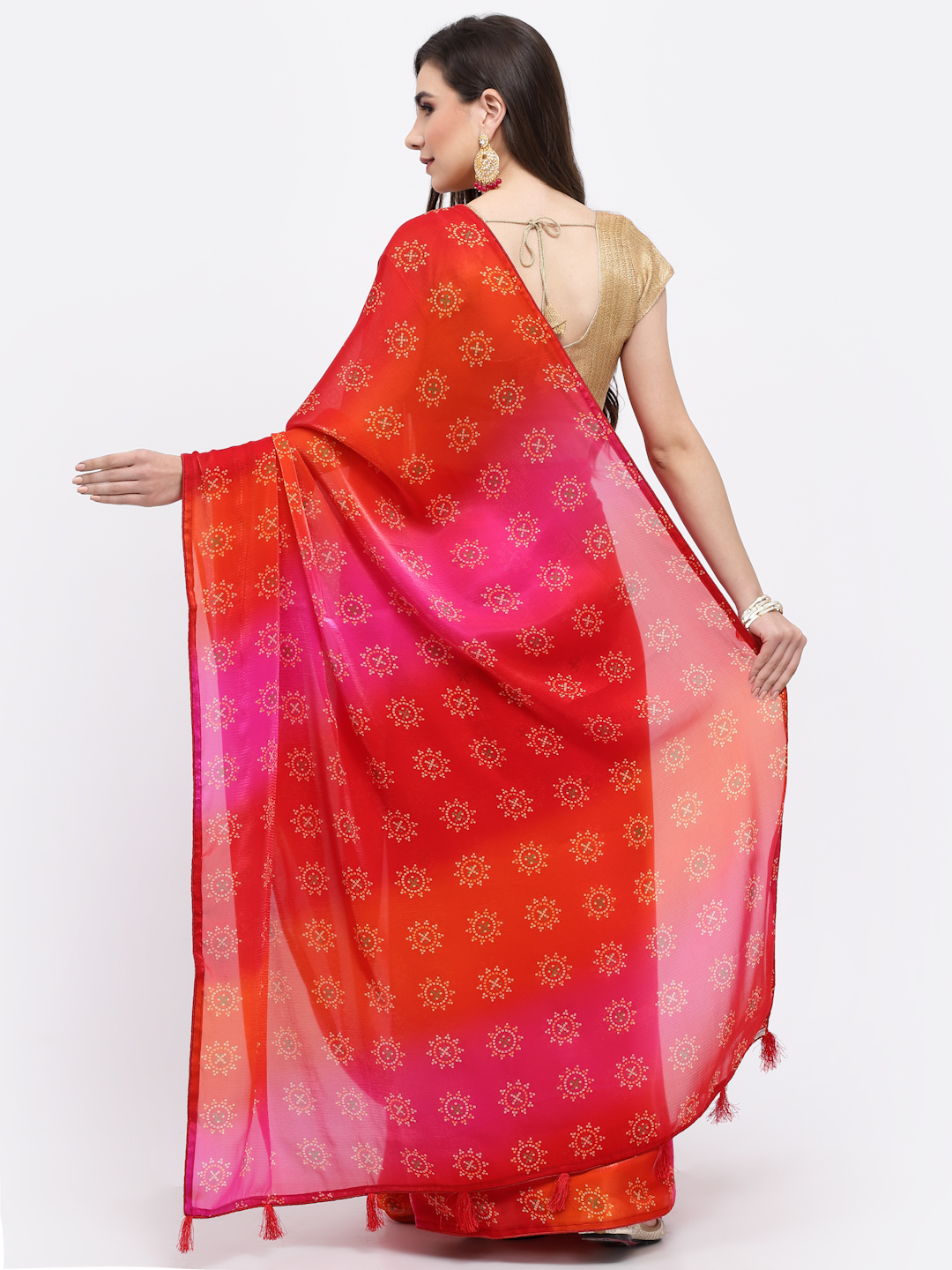 Women Geometric Print Silk Saree And Blouse Pink And Orange with Unstitched