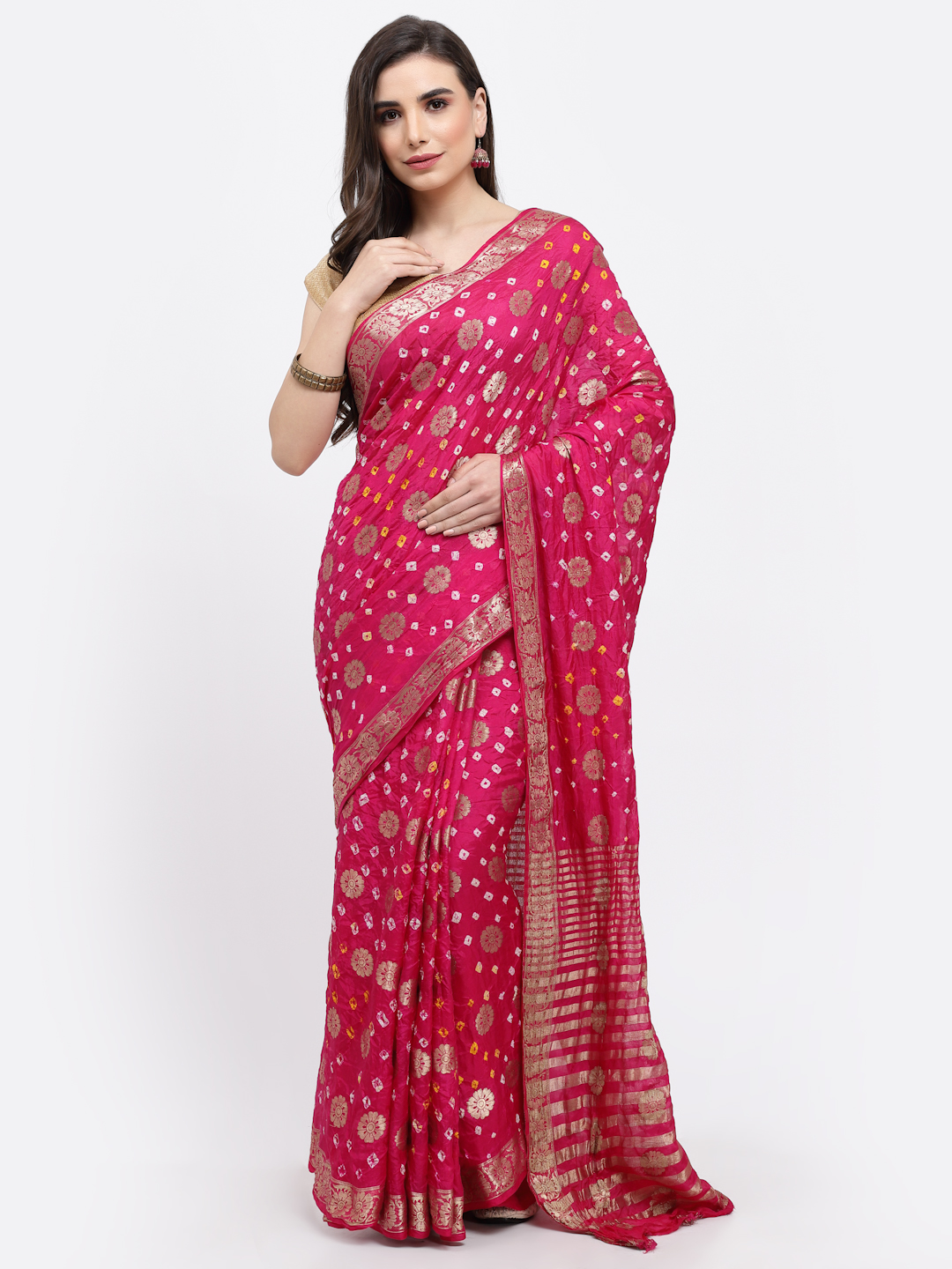 Women Bandhani With Zari Weaving Silk Saree And Blouse Dark Pink