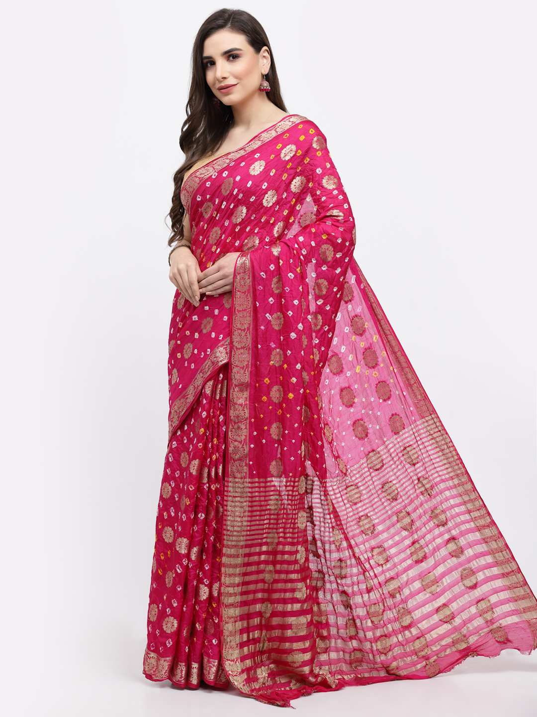 Women Bandhani With Zari Weaving Silk Saree And Blouse Dark Pink