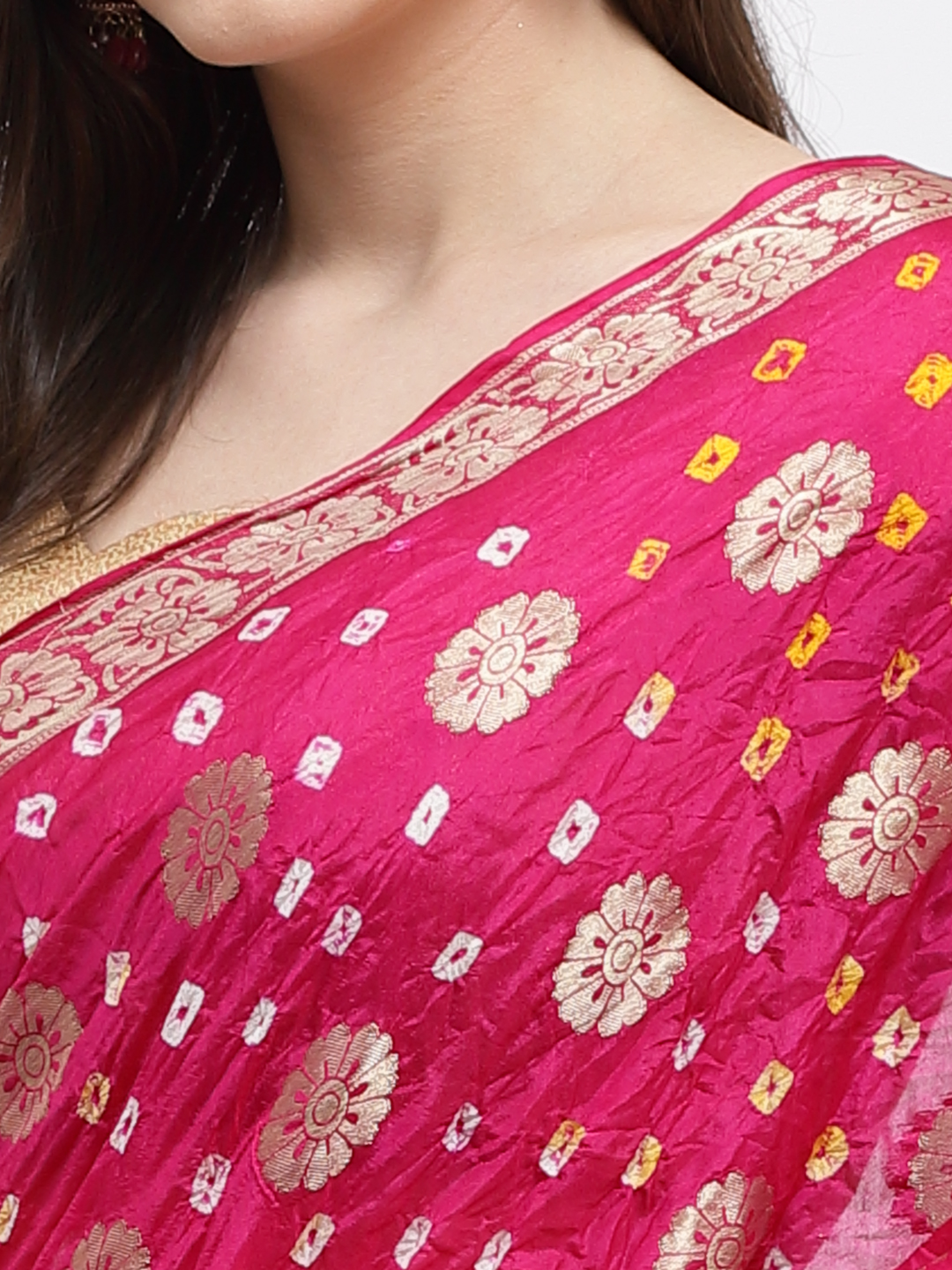 Women Bandhani With Zari Weaving Silk Saree And Blouse Dark Pink