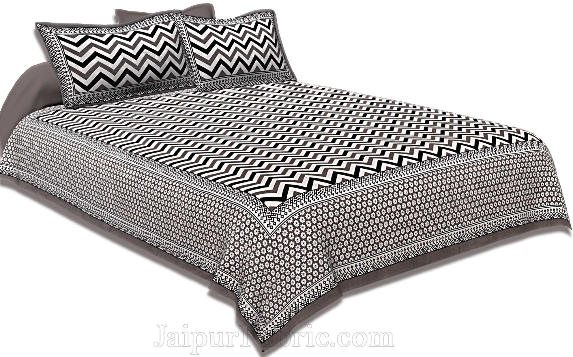 Double Bedsheet Grey  Border  Fine Cotton  Zig -Zag Print