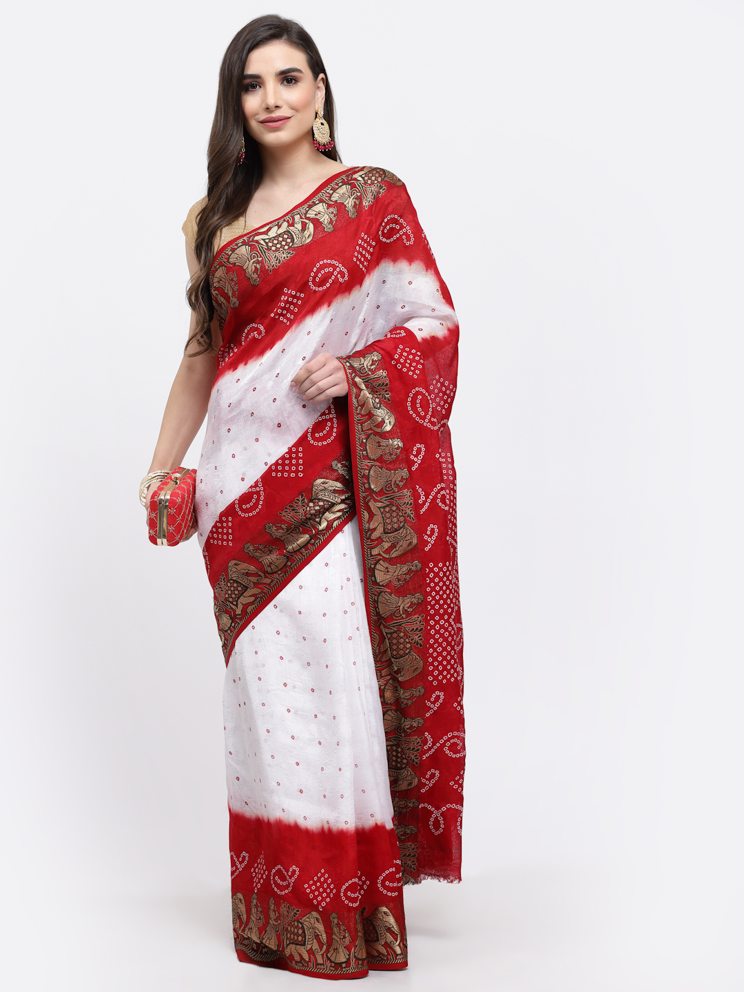 Women Bandhani With Zari Weaving Silk Saree And Blouse White And Red with Unstitched