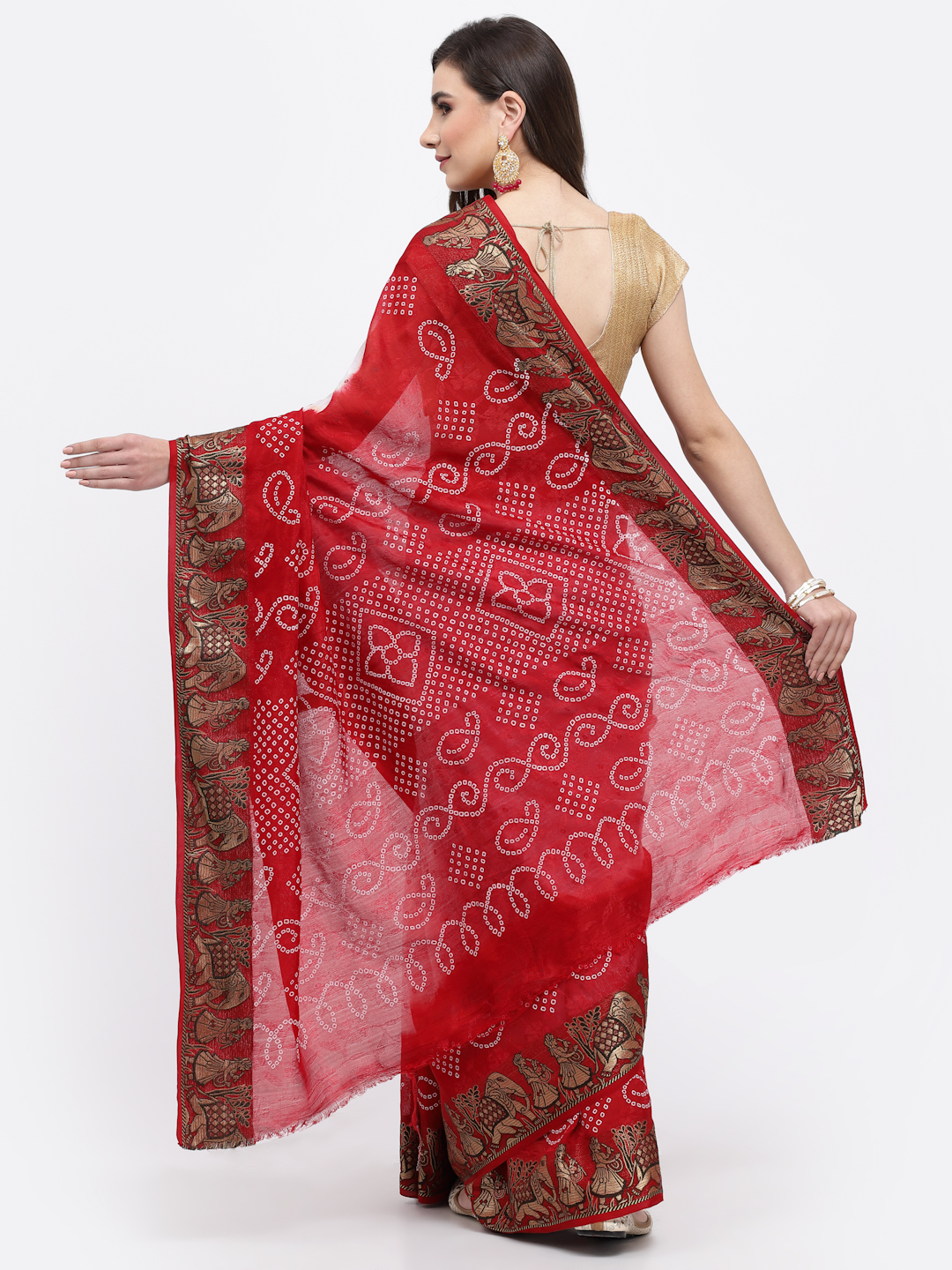 Women Bandhani With Zari Weaving Silk Saree And Blouse White And Red with Unstitched