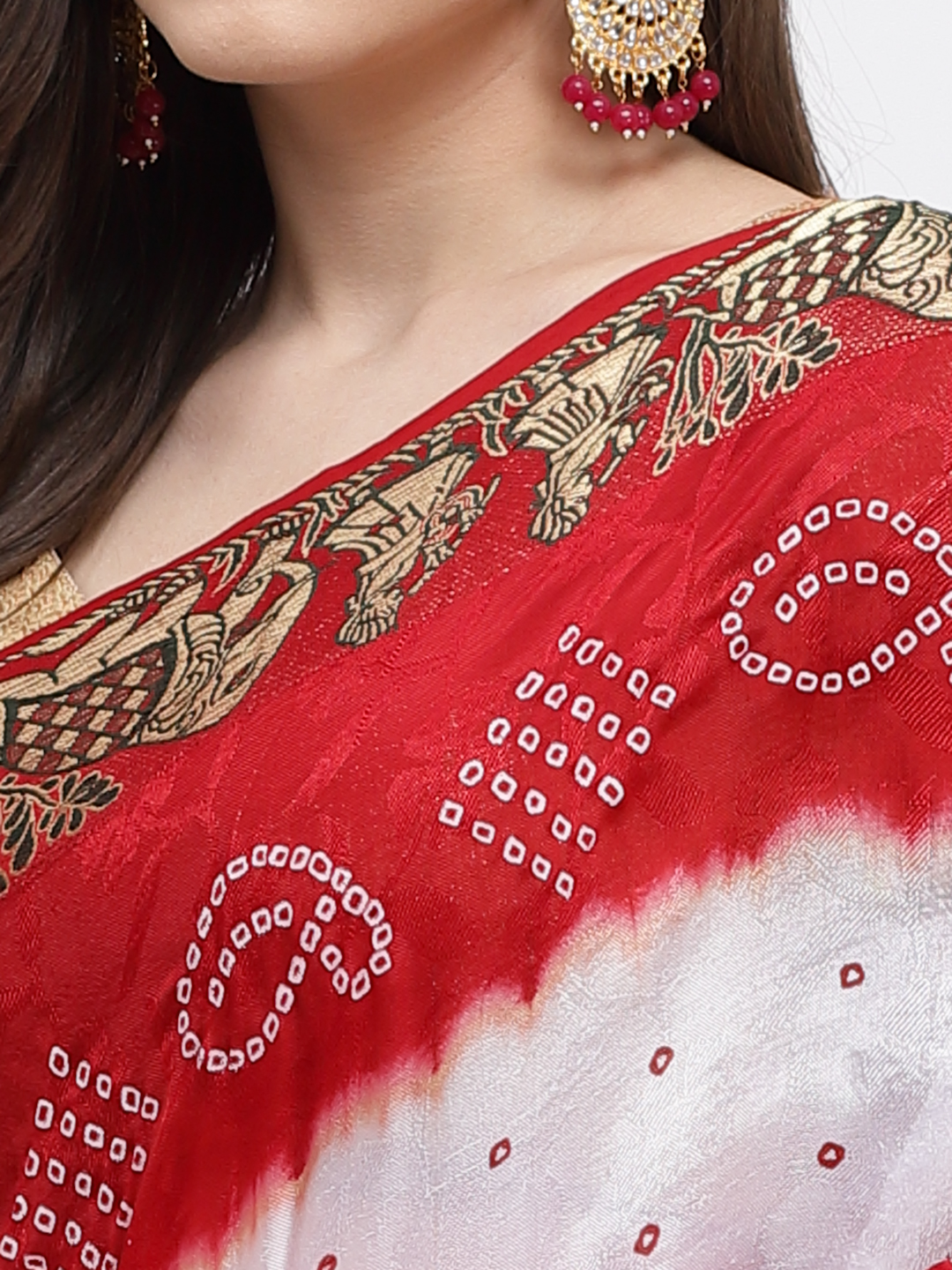 Women Bandhani With Zari Weaving Silk Saree And Blouse White And Red with Unstitched