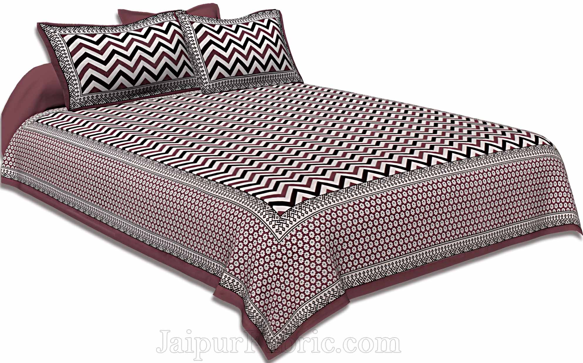 Double Bedsheet Light Maroon  Border  Fine Cotton  Zig -Zag Print