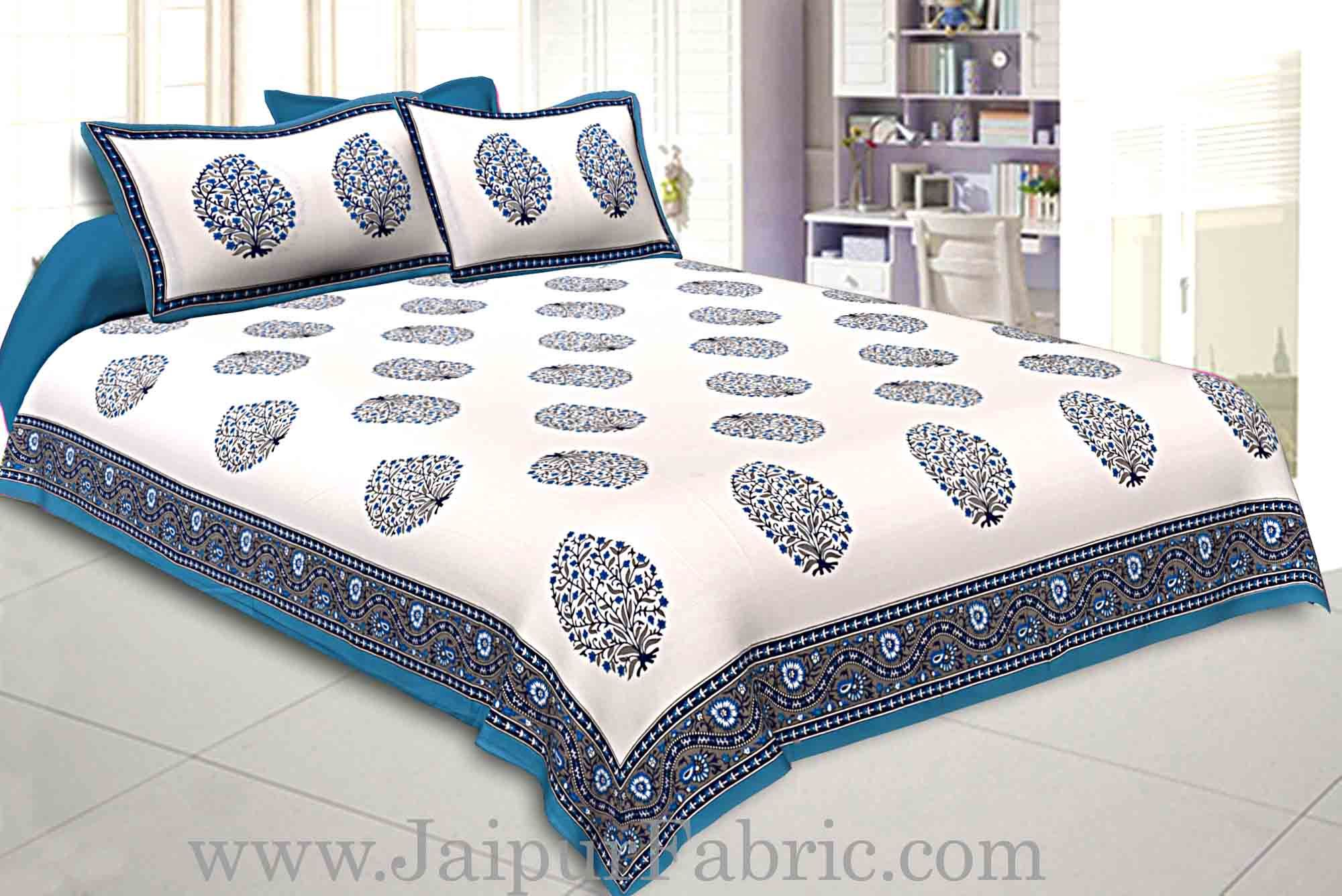 Double Bedsheet Firozi  Border  Fine Cotton Big Boota  Print