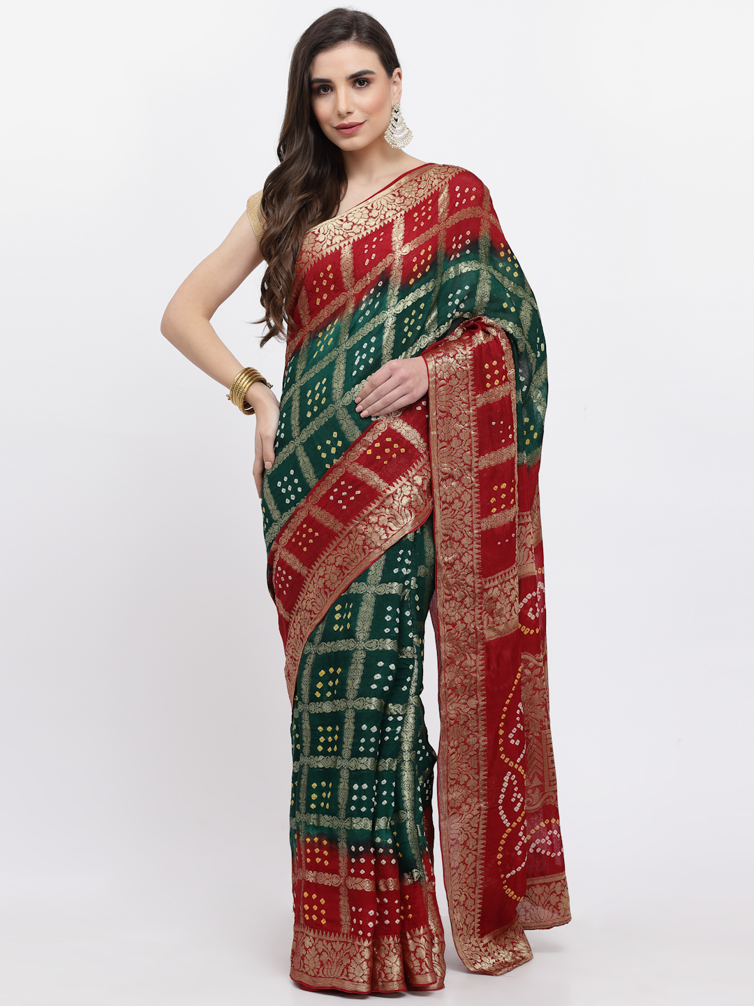 Women Bandhani With Zari Weave Silk Saree And Blouse Green And Maroon