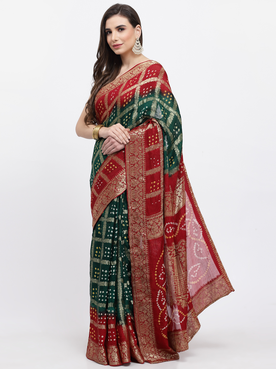 Women Bandhani With Zari Weave Silk Saree And Blouse Green And Maroon