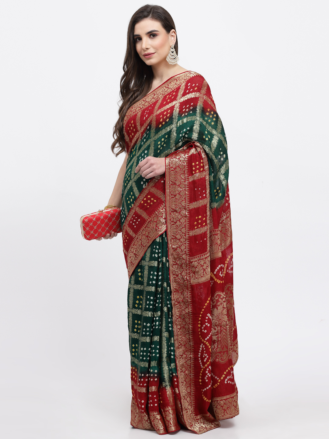 Women Bandhani With Zari Weave Silk Saree And Blouse Green And Maroon