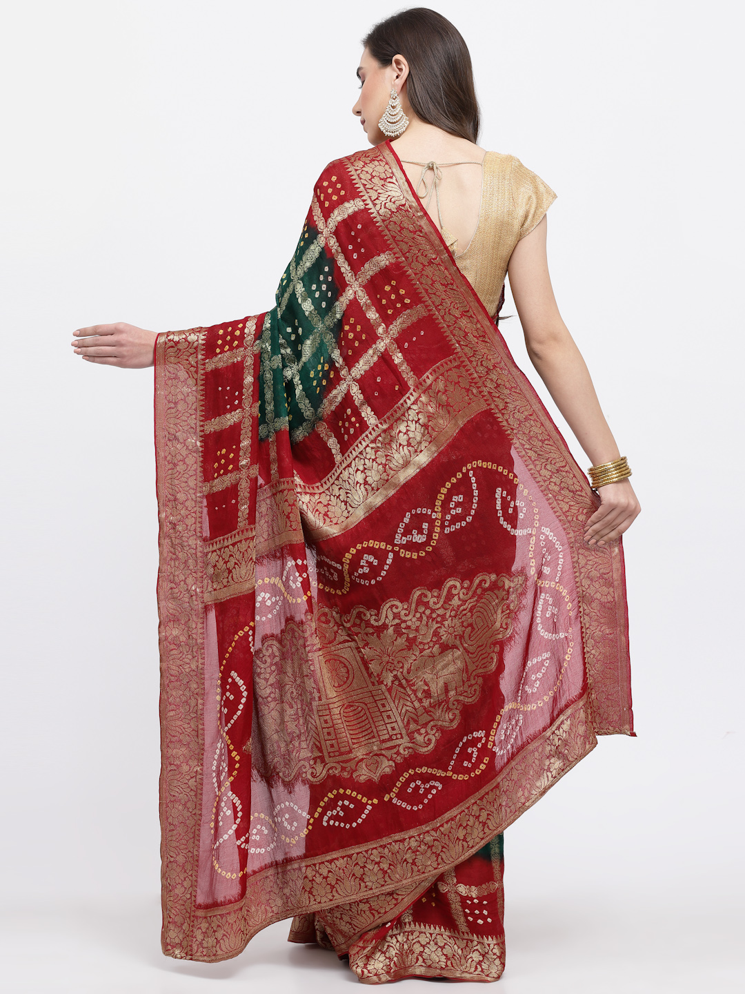 Women Bandhani With Zari Weave Silk Saree And Blouse Green And Maroon