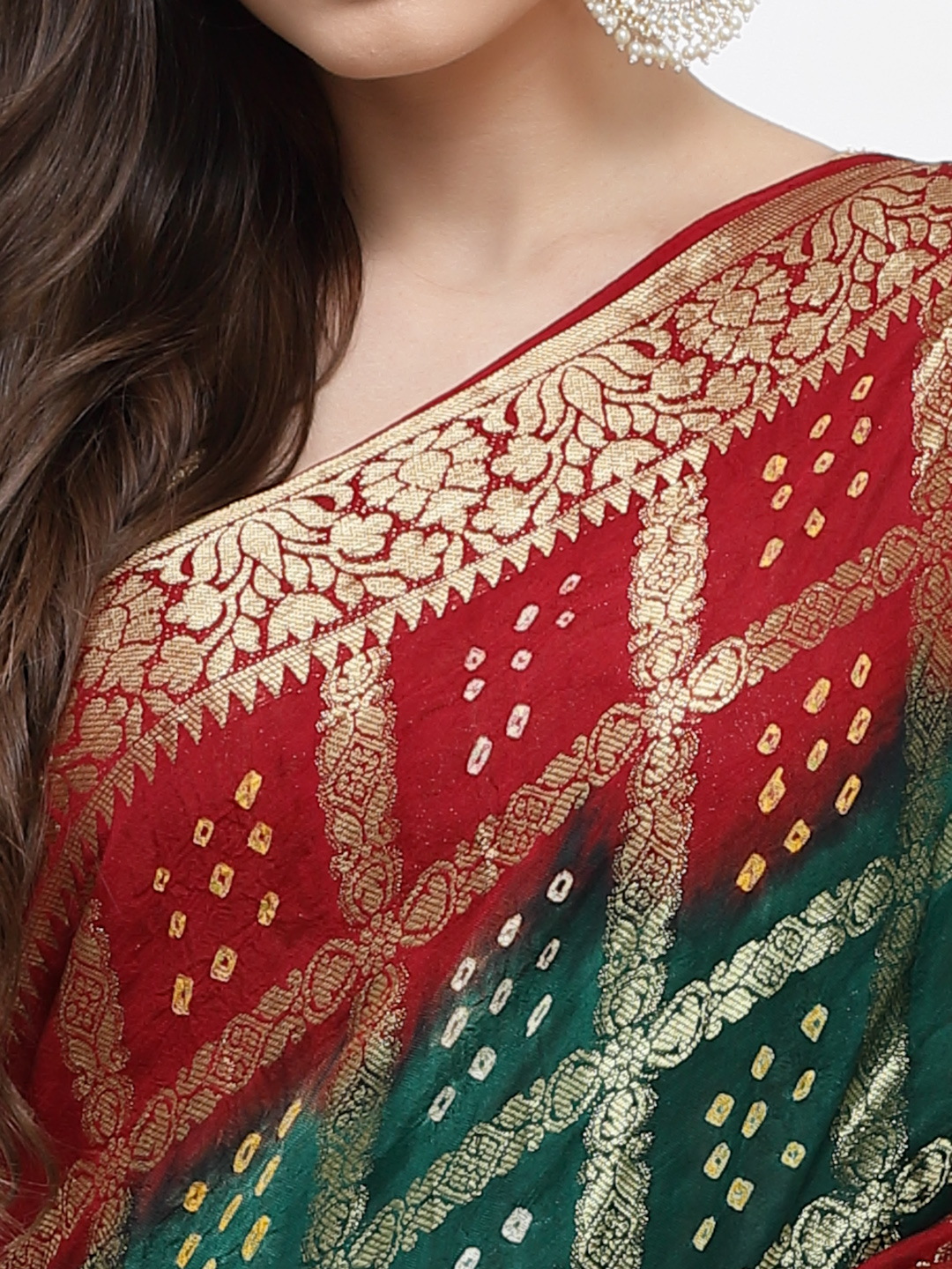 Women Bandhani With Zari Weave Silk Saree And Blouse Green And Maroon