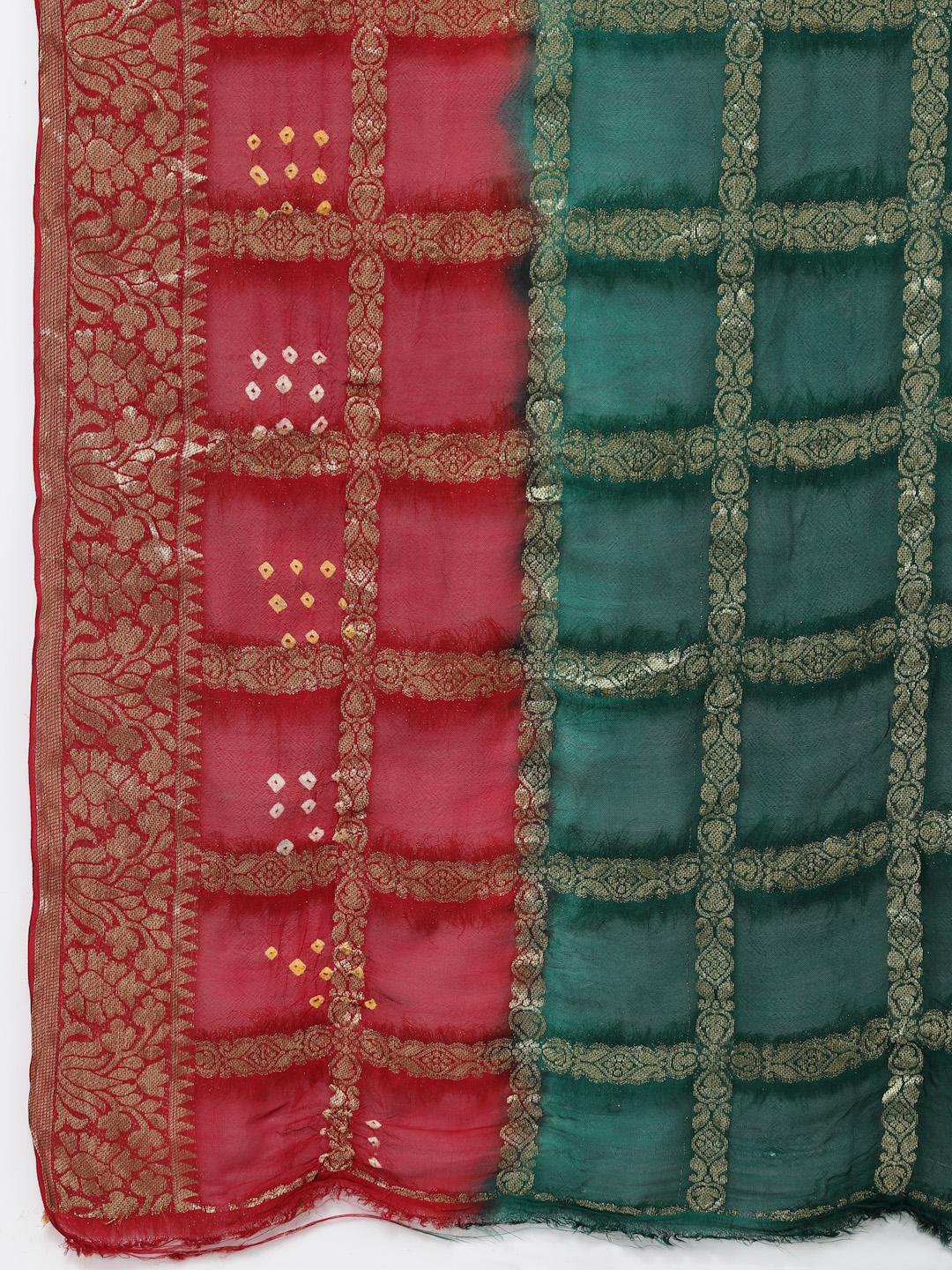 Women Bandhani With Zari Weave Silk Saree And Blouse Green And Maroon