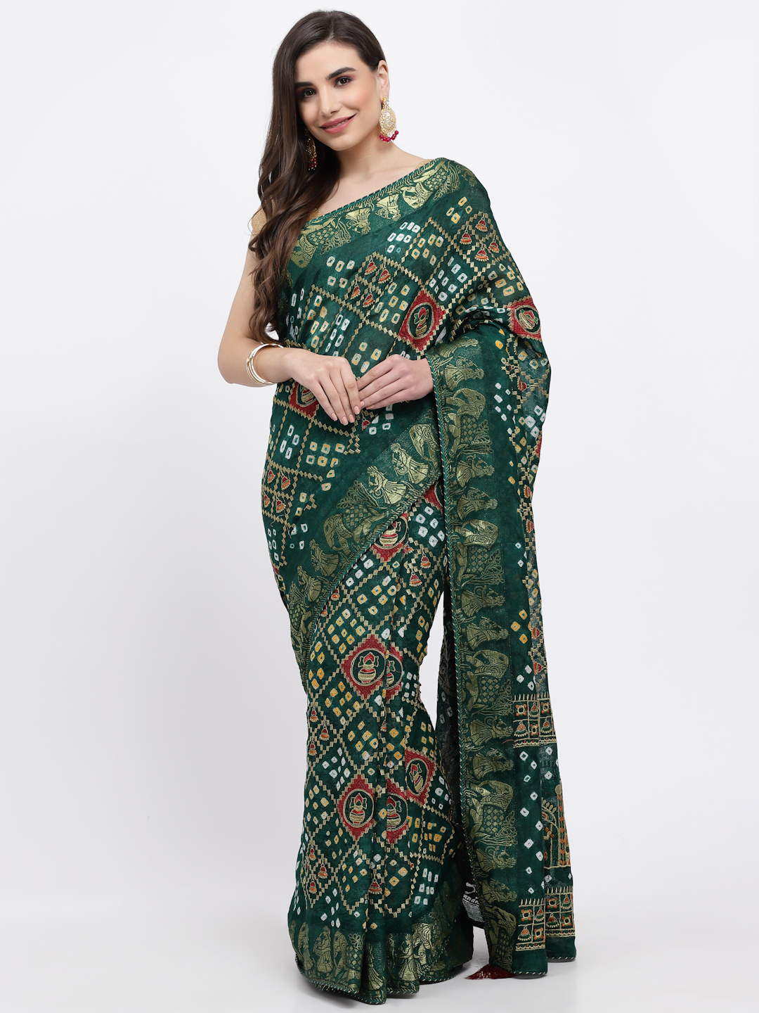 Women Bandhani With Zari Weaving Silk Saree And Blouse Green