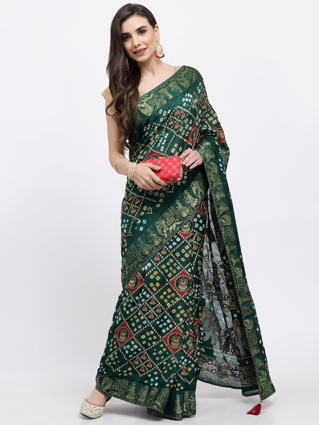 Women Bandhani With Zari Weaving Silk Saree And Blouse Green