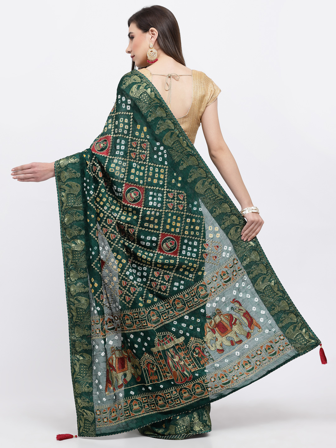 Women Bandhani With Zari Weaving Silk Saree And Blouse Green