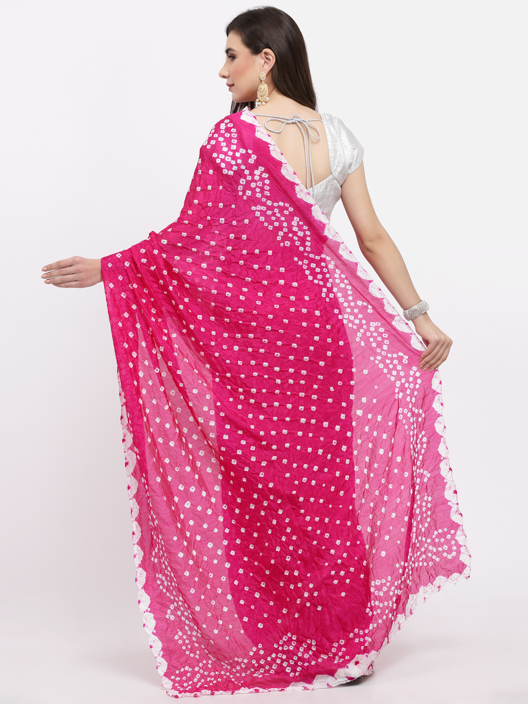 Women Bandhani Print Silk Saree And Blouse Pink with Unstitched