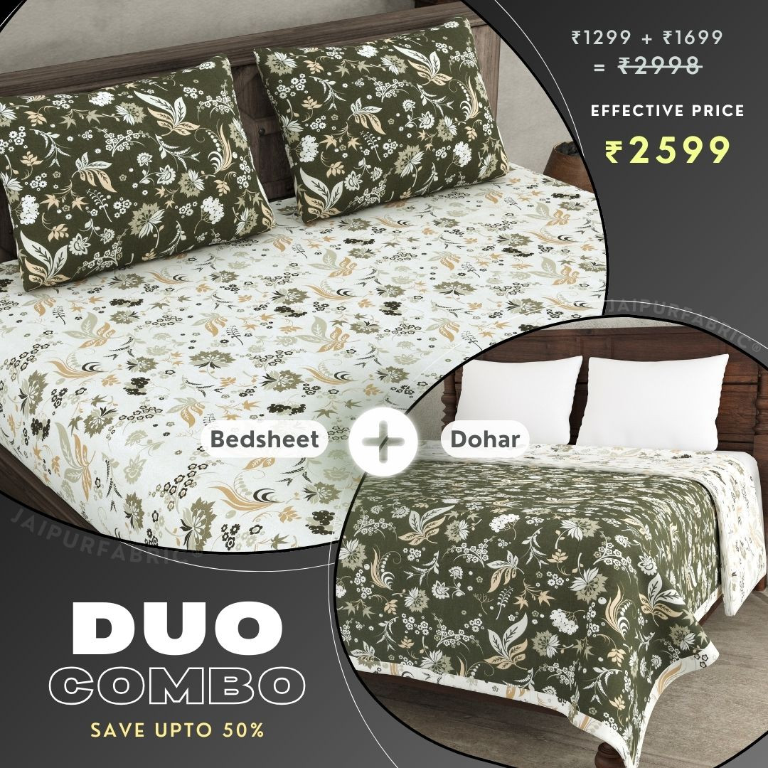 Flowery Spring Green and Off White Dohar and Bedsheet Combo