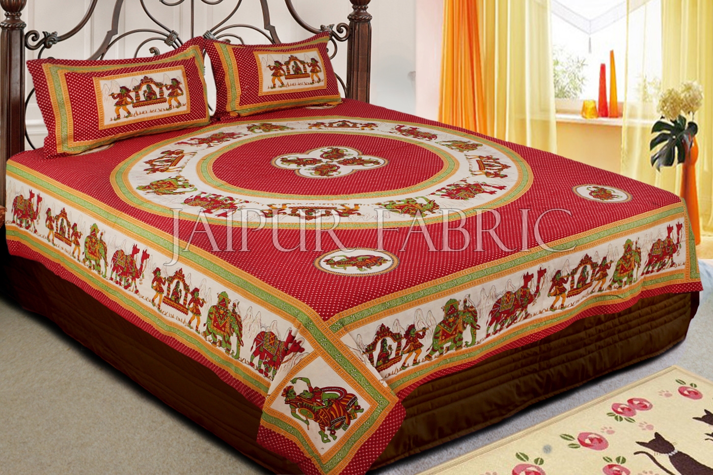 Red Base Rajasthani Doli Hand Block Print And Folk Dance Design Double Bed Sheet with Pillows Cover