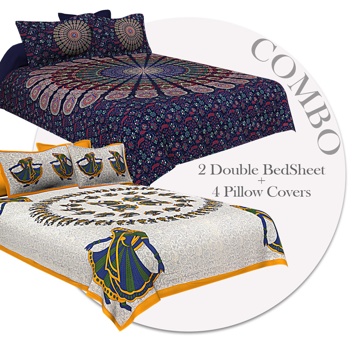 COMBO355 Beautiful Multicolor 2 Bedsheet + 4 Pillow Cover