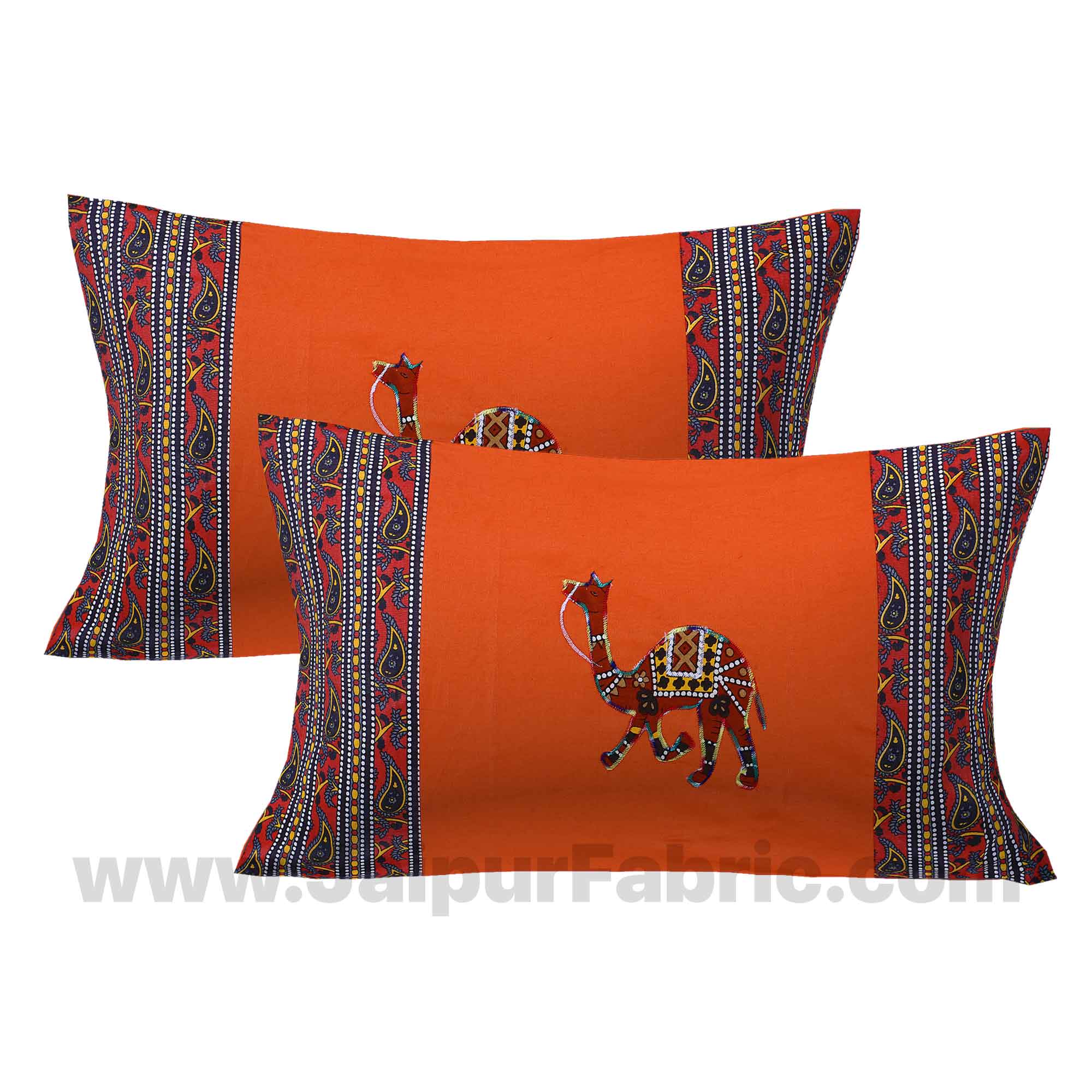 Applique Orange Camel Jaipuri  Hand Made Embroidery Patch Work Double Bedsheet