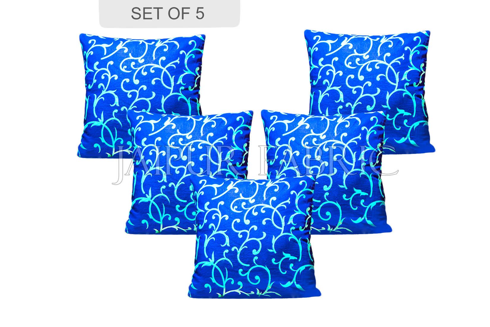 Blue Base Leaf Print Cushion Cover