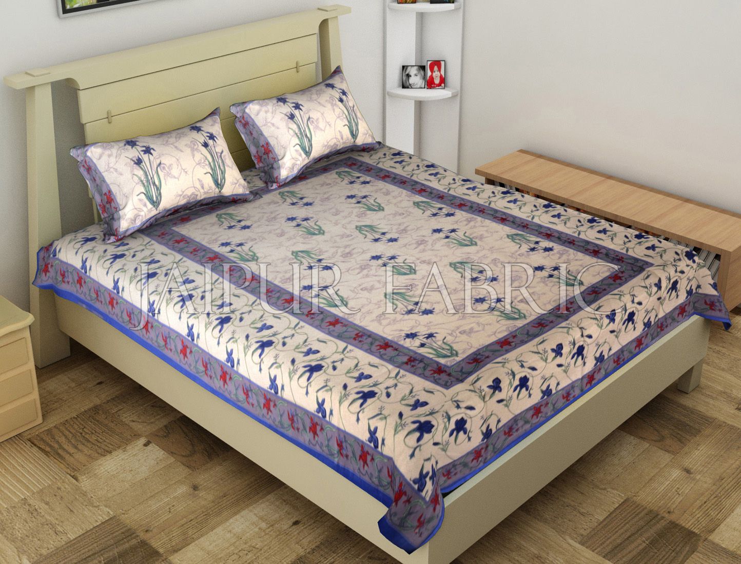 Blue Border Lotus Floral Printed Cotton Single Bed Sheet