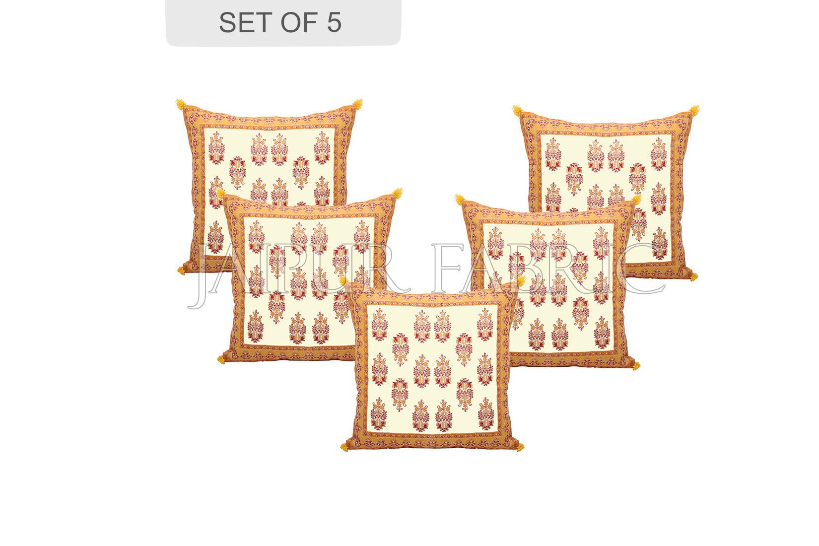 Cream Base with Yellow Border Rajasthani Kalash Design Cotton Cushion Cover