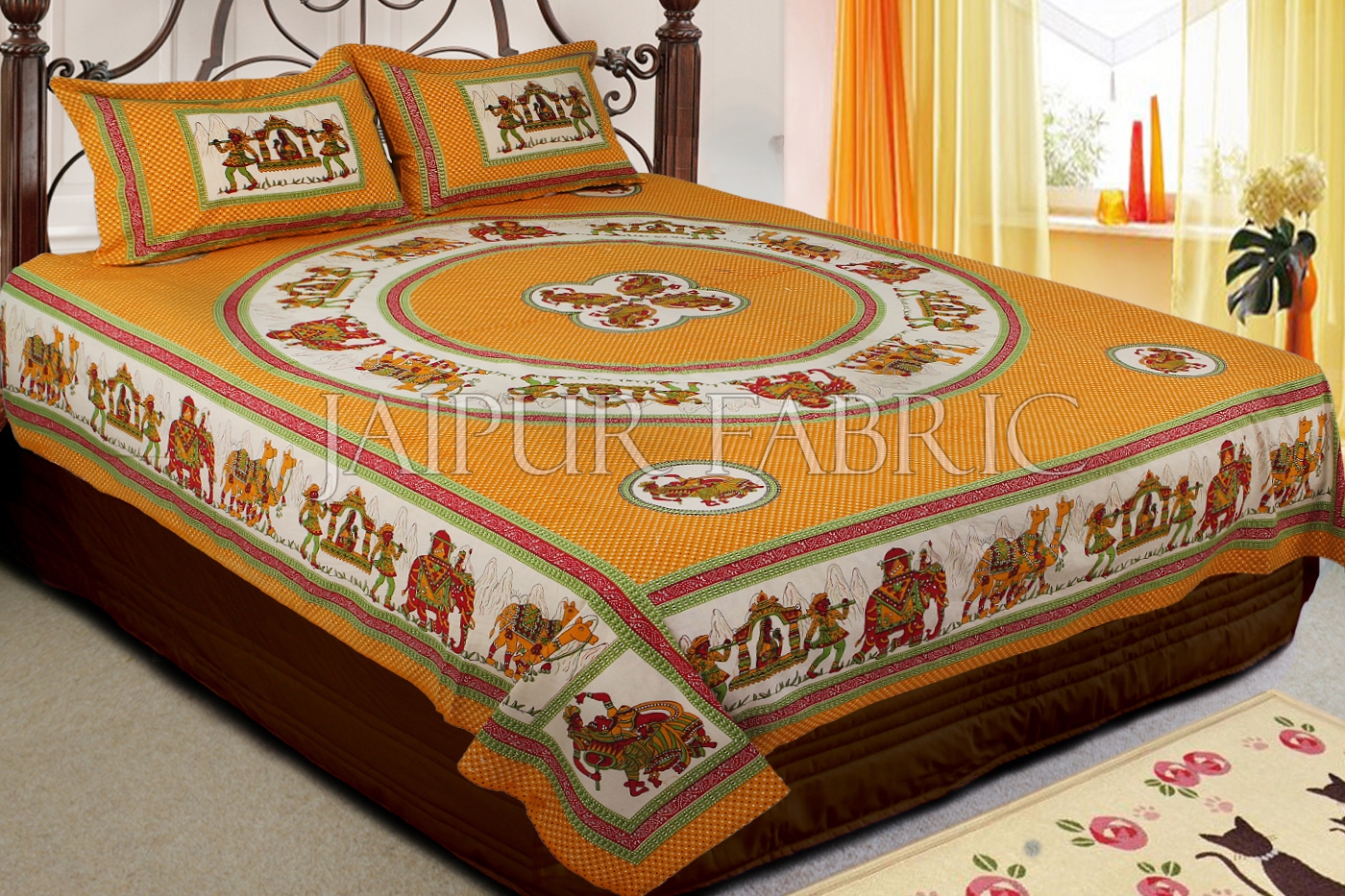 Yellow Base Rajasthani Doli Hand Block Print And Folk dance Design Double Bed Sheet with Pillows Cover