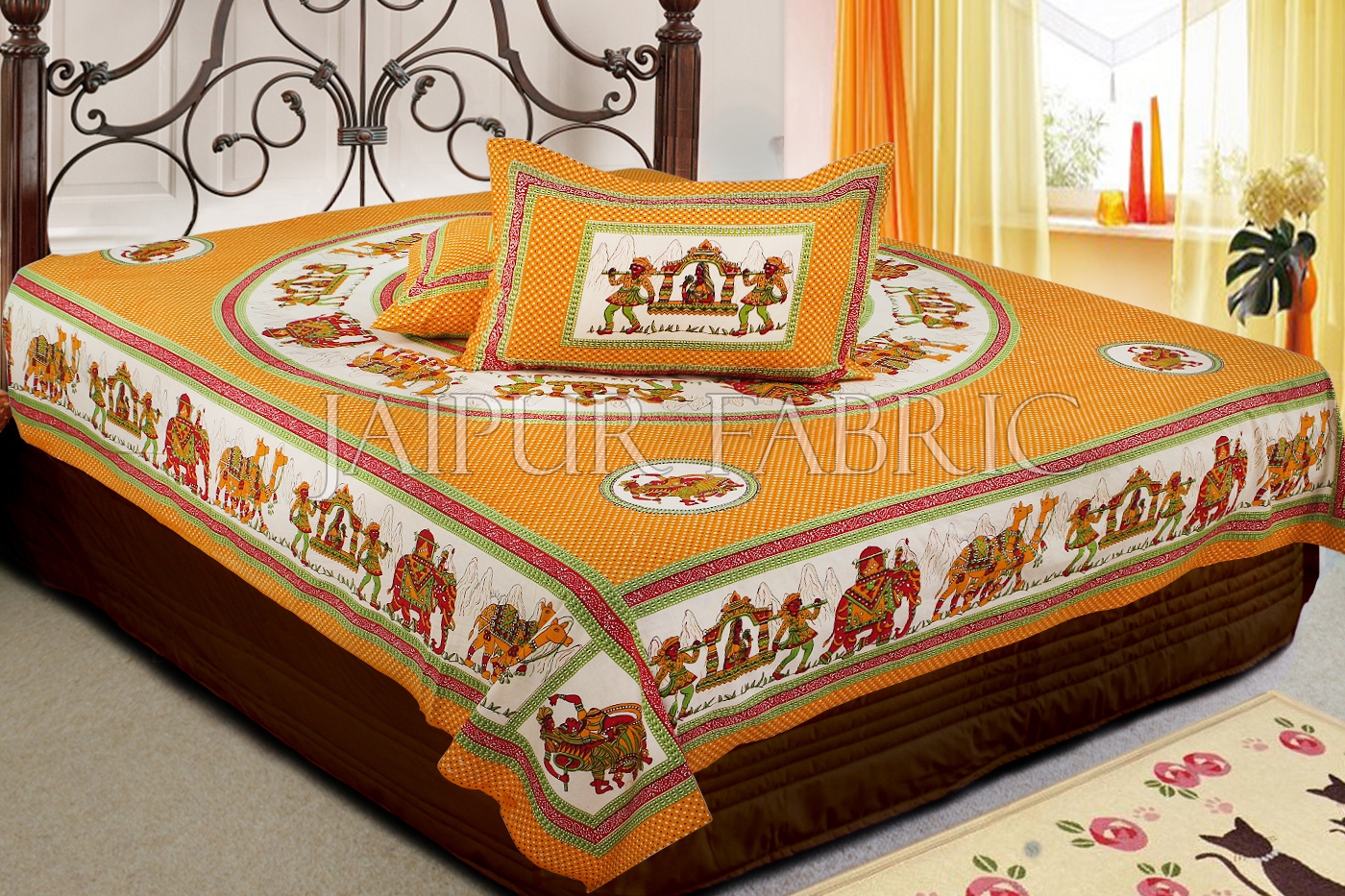 Yellow Base Rajasthani Doli Hand Block Print And Folk dance Design Double Bed Sheet with Pillows Cover