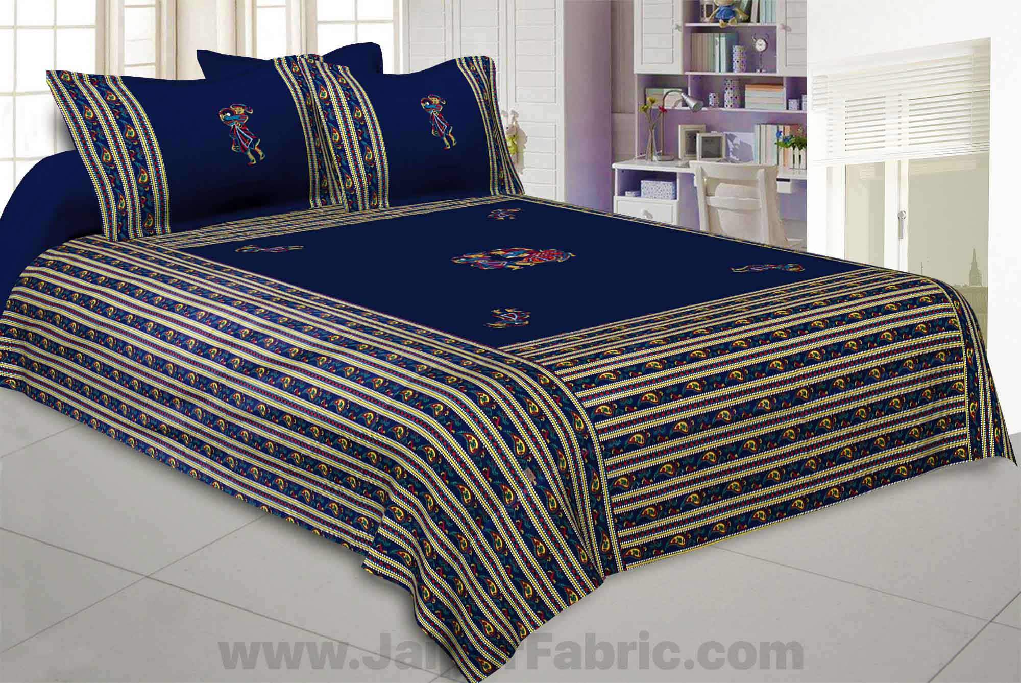 Applique Blue Chang Dance Jaipuri  Hand Made Embroidery Patch Work Double Bedsheet