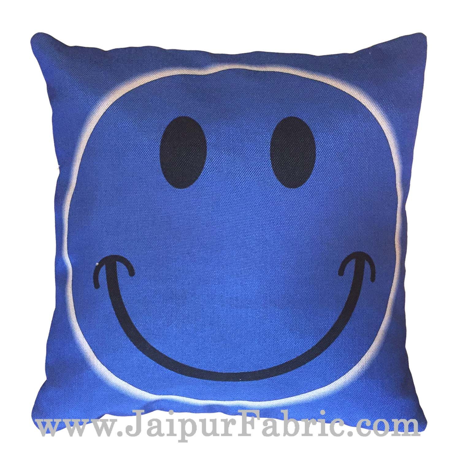 Jute Cushion Cover Digital Print Blue Smiley