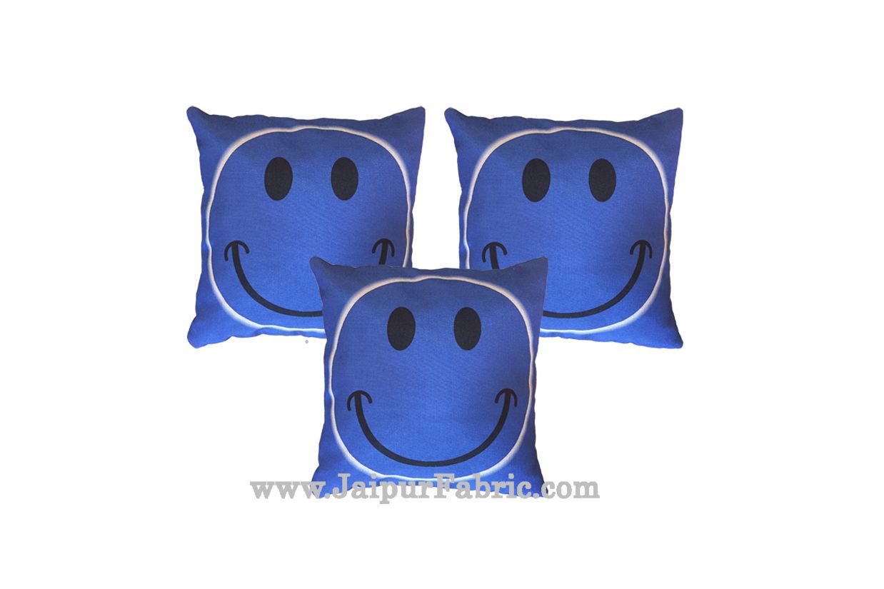 Jute Cushion Cover Digital Print Blue Smiley