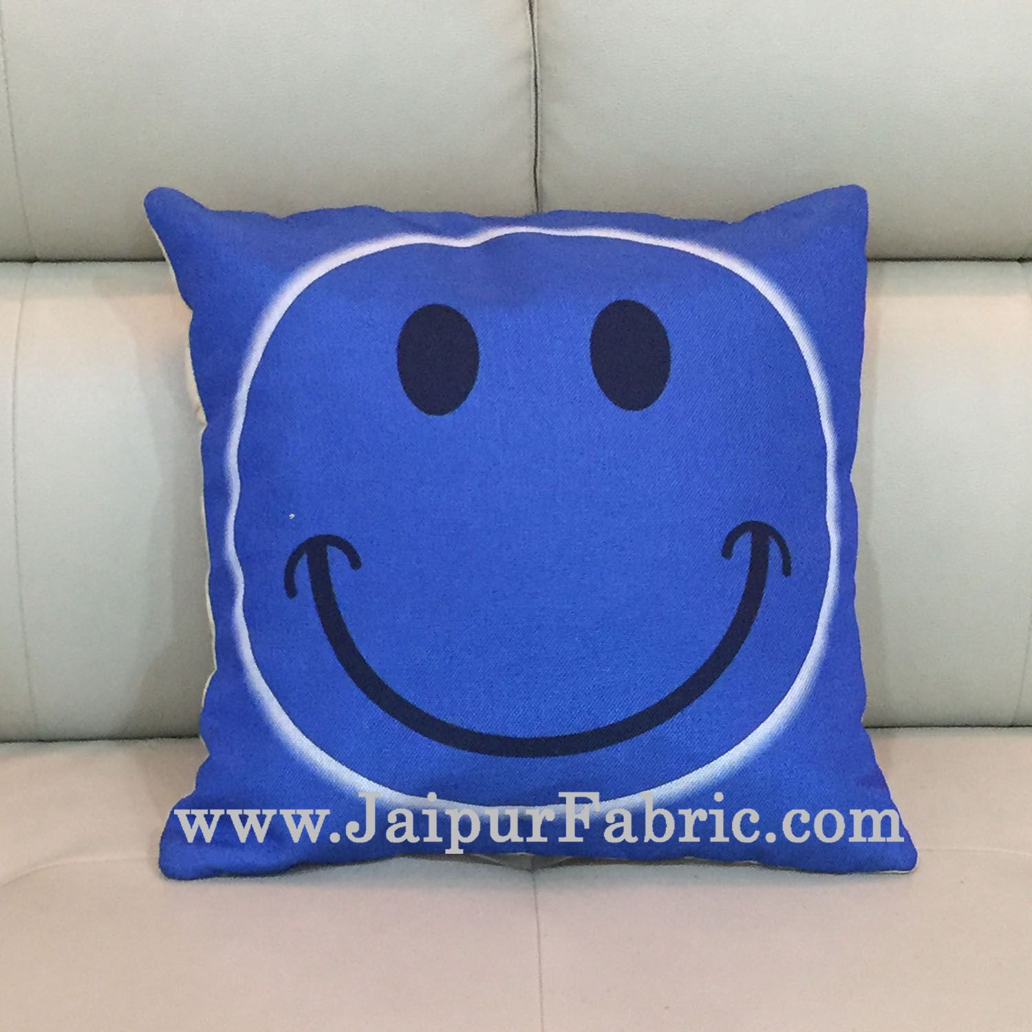 Jute Cushion Cover Digital Print Blue Smiley