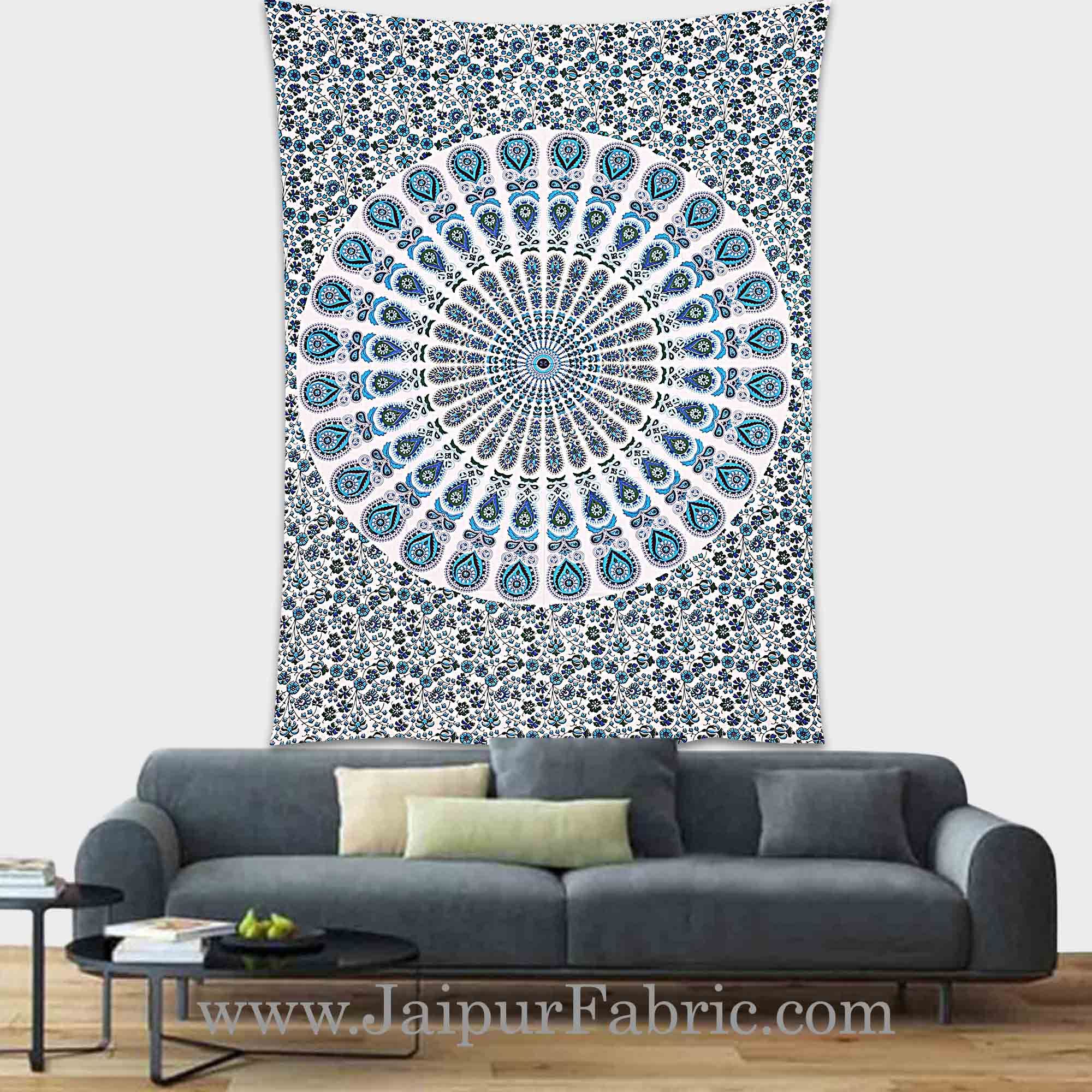 Peacock Blue Mandala tapestry wall hanging and beach throw