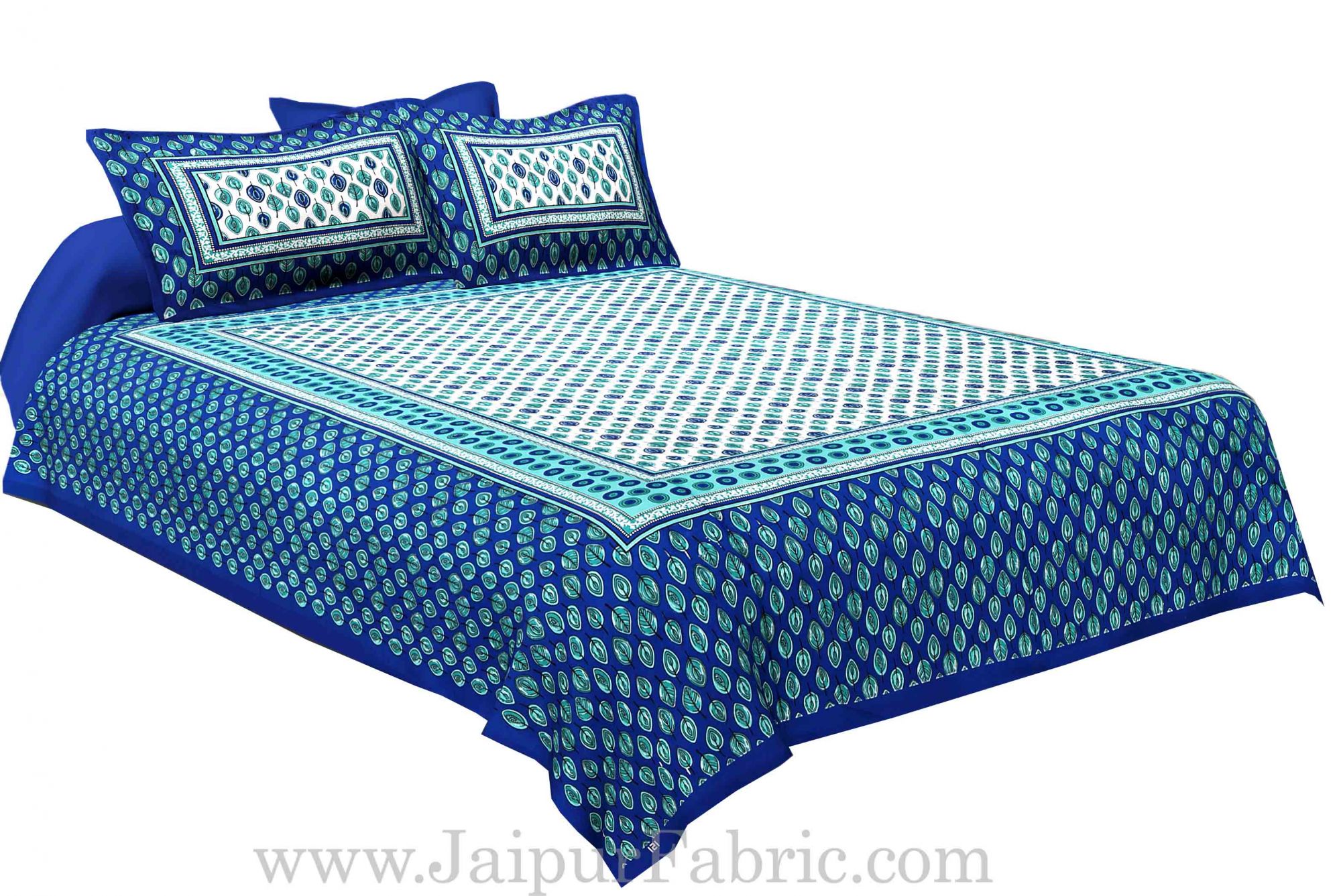 Blue Border Leaf Pattern Screen Print Cotton Double Bed Sheet