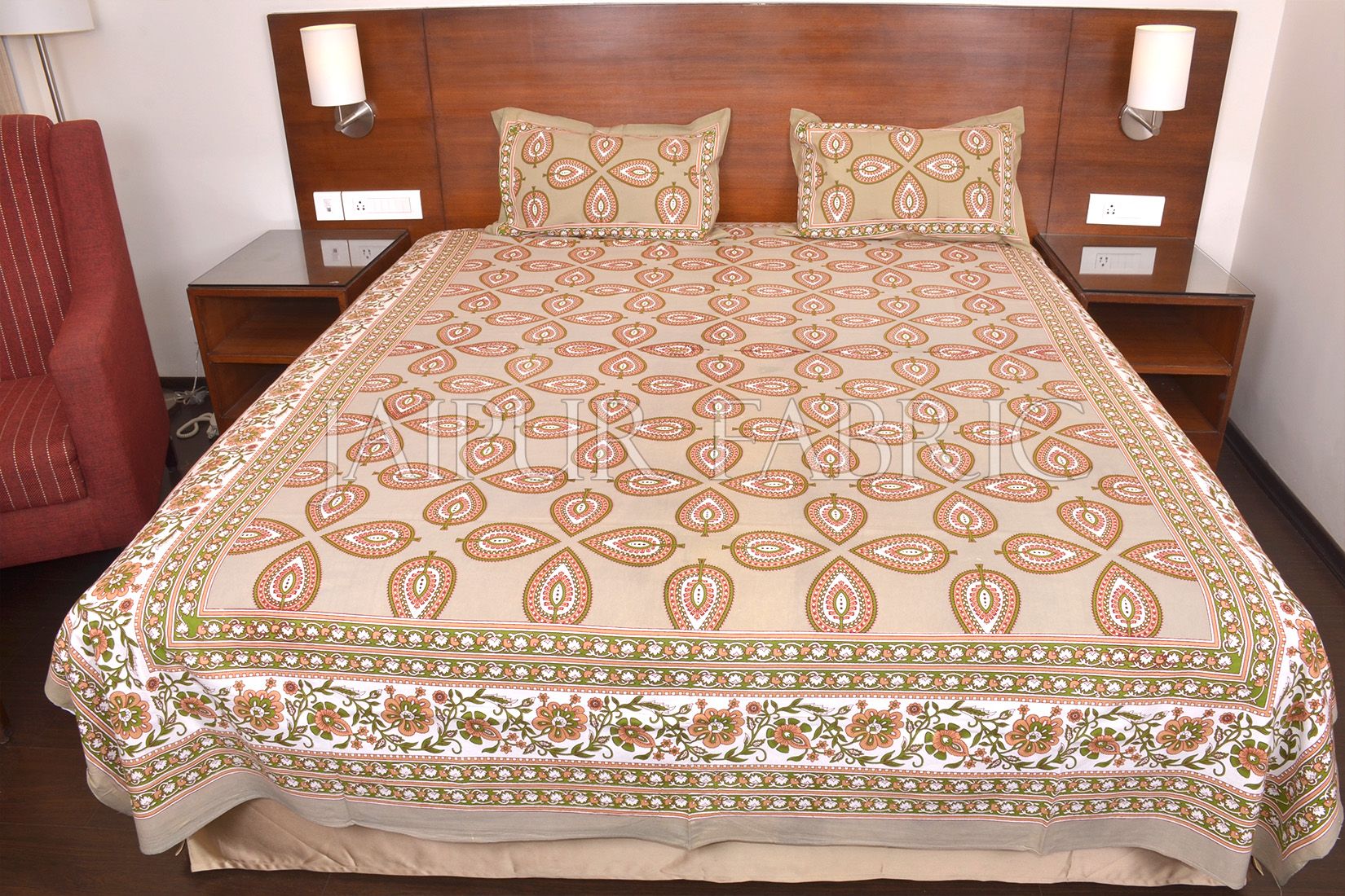 Olive Color Jaipuri Paan Patti Print Double Bed Sheet