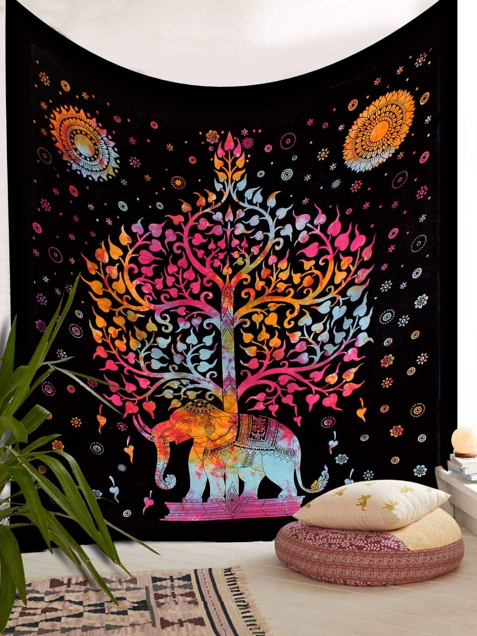 Tie And Dye  Big Elephant And Tree Pattern Cotton Double Bed sheet